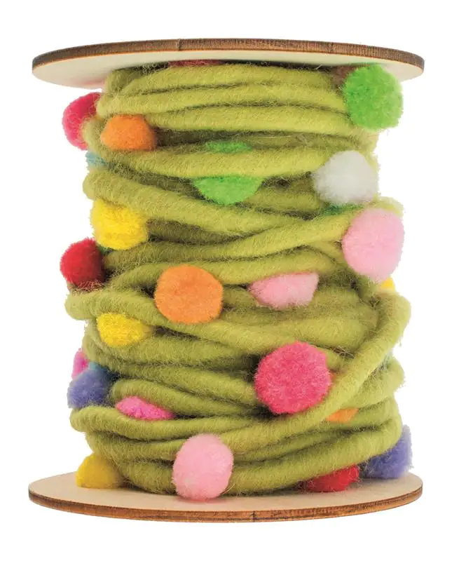 Filzkordel mit Pompons, grün 5M/Rolle