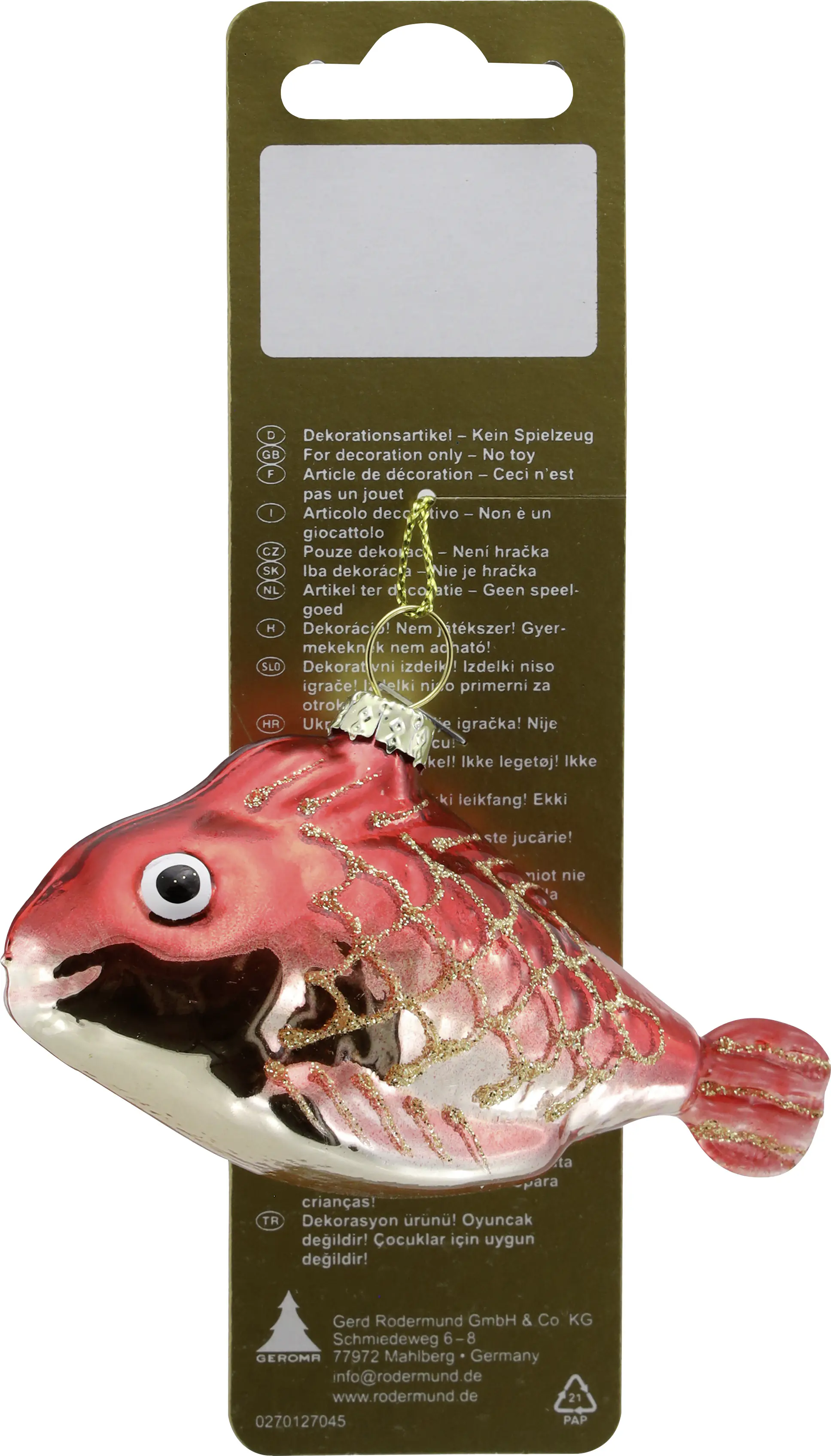 Weihnachtsanhänger Fisch aus Glas 9,5 x 6 cm rot