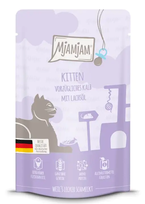 MjAMjAM Kitten Quetschie  Kalb mit Lachsöl Katzenfutter 125g