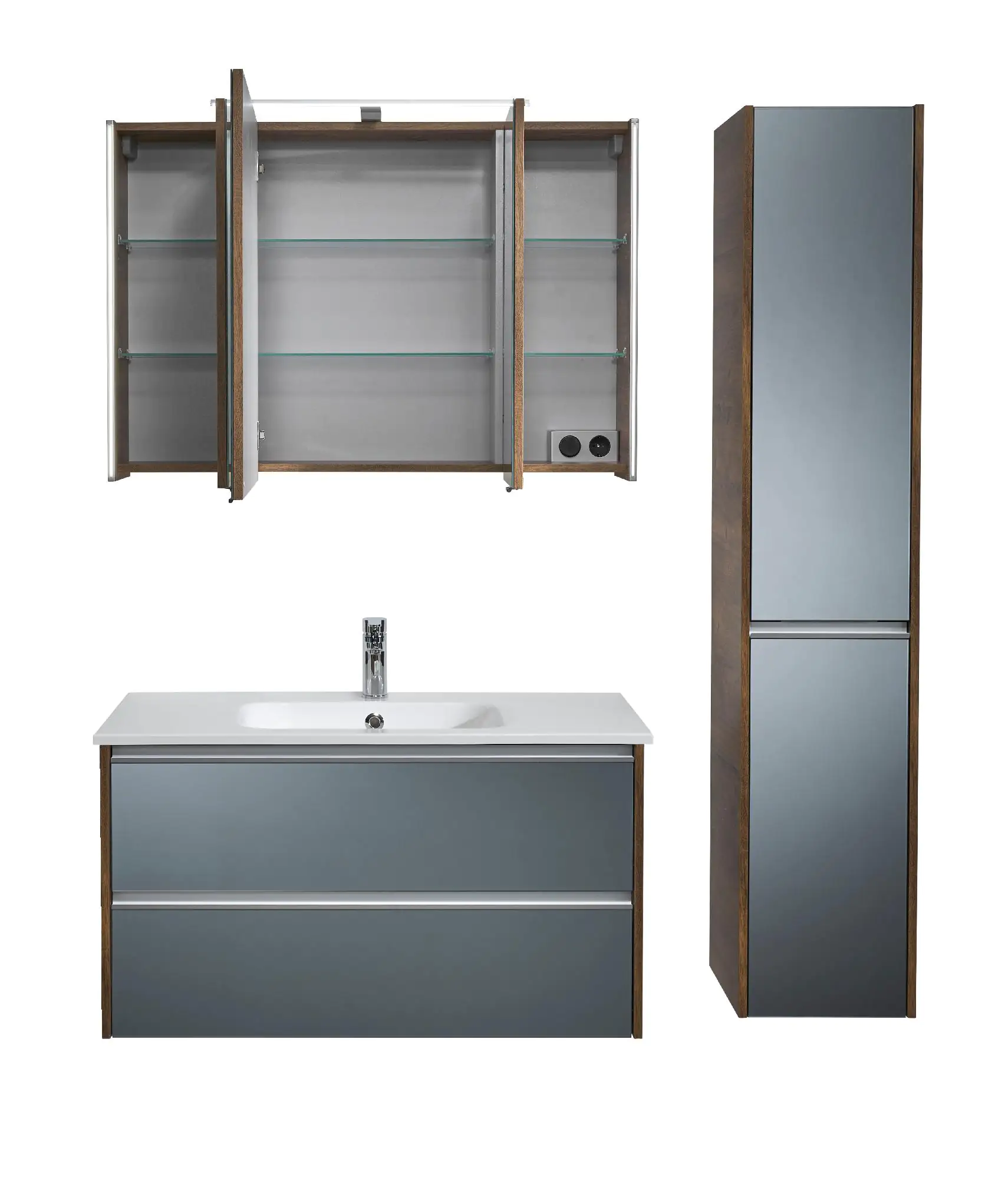 Pelipal Badmöbel-Set 6040 Stahlgrau/Eiche Ribbeck mit Mineralmarmor-Waschtisch+Hochschrank 137cm