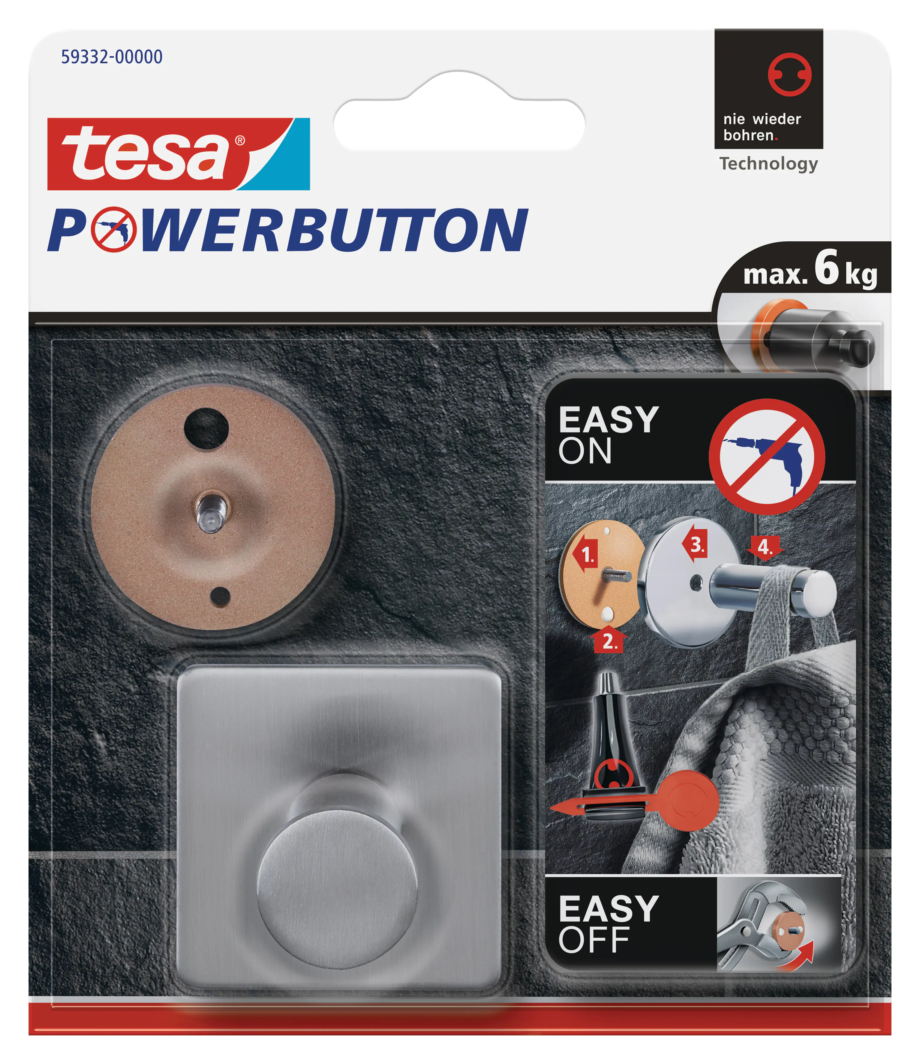 tesa Powerbutton Haken Classic eckig, Edelstahl