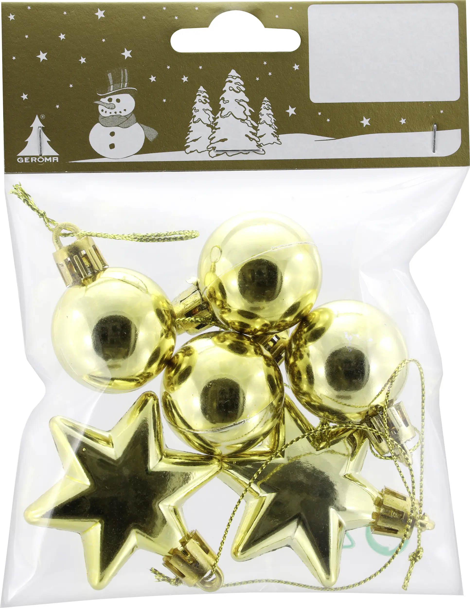 Weihnachtsanhänger 4 Kugeln & 2 Sterne aus Kunststoff 4 cm gold