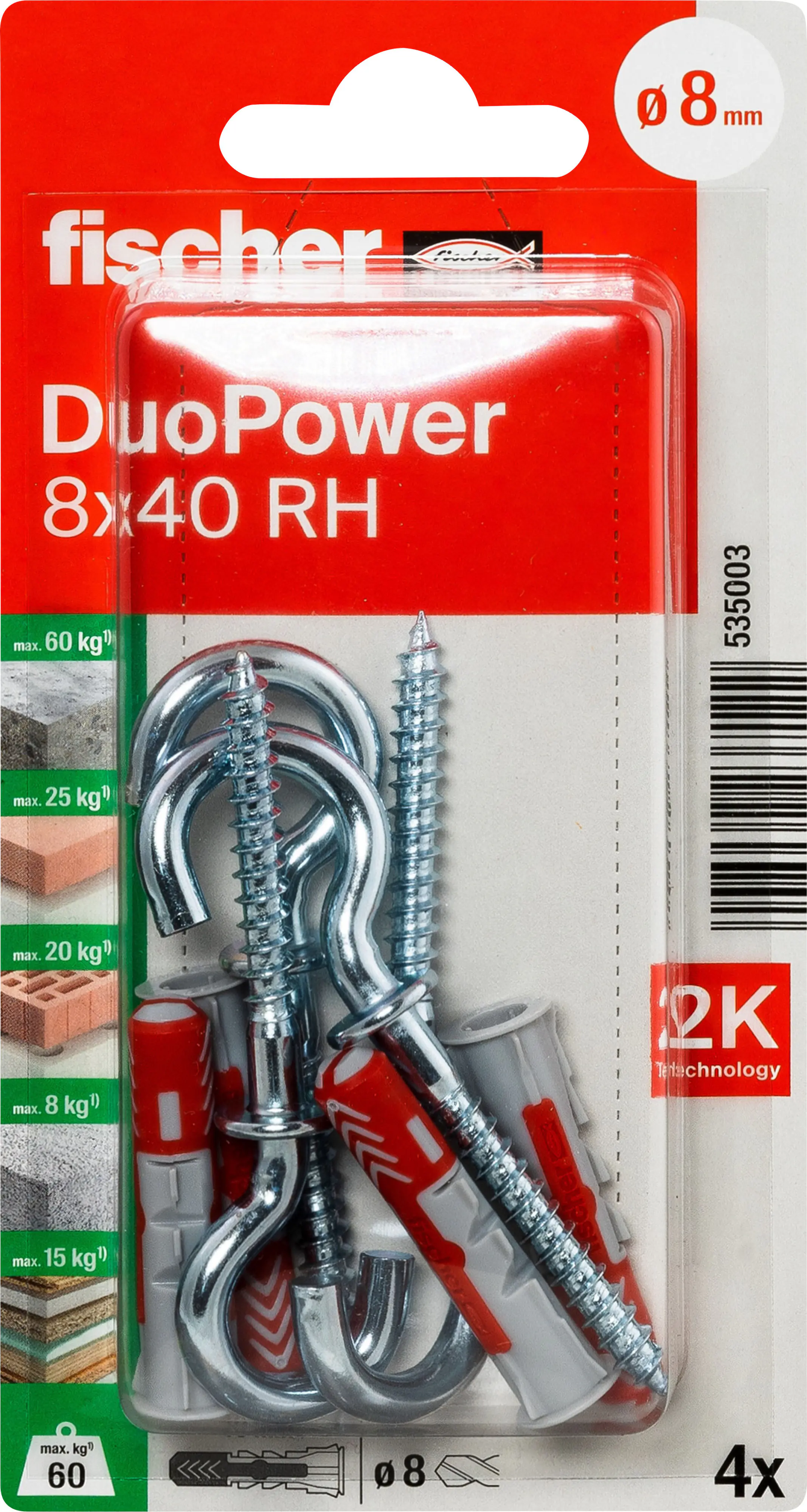 Fischer Dübel-Set DuoPower RH 8 x 40 mm mit Rundhaken - 4 Stück