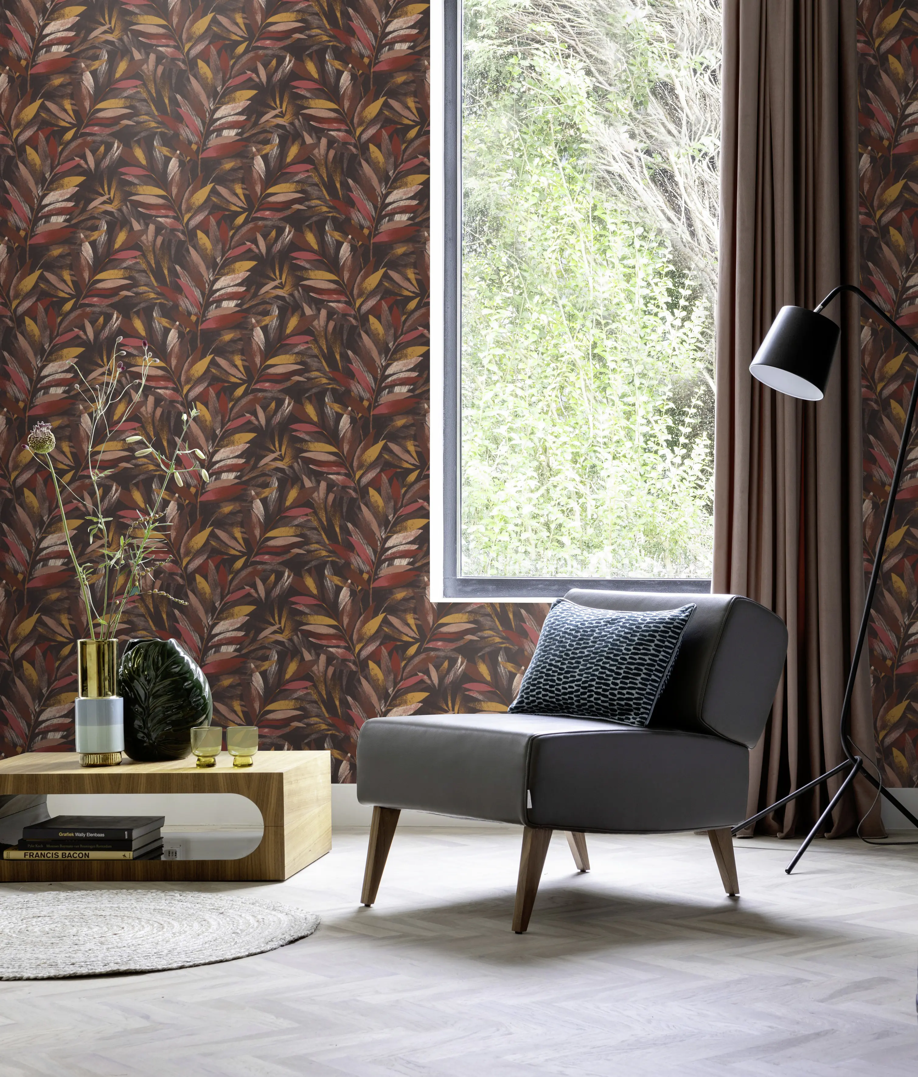 Rasch Vliestapete Muster Blätter dunkelrot senfgelb 10,05 x 0,53 m
