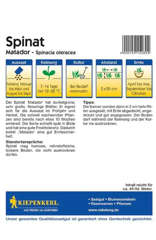 Kiepenkerl Spinat Matador Spinacia oleracea, Inhalt: ca. 45 lfd. Meter