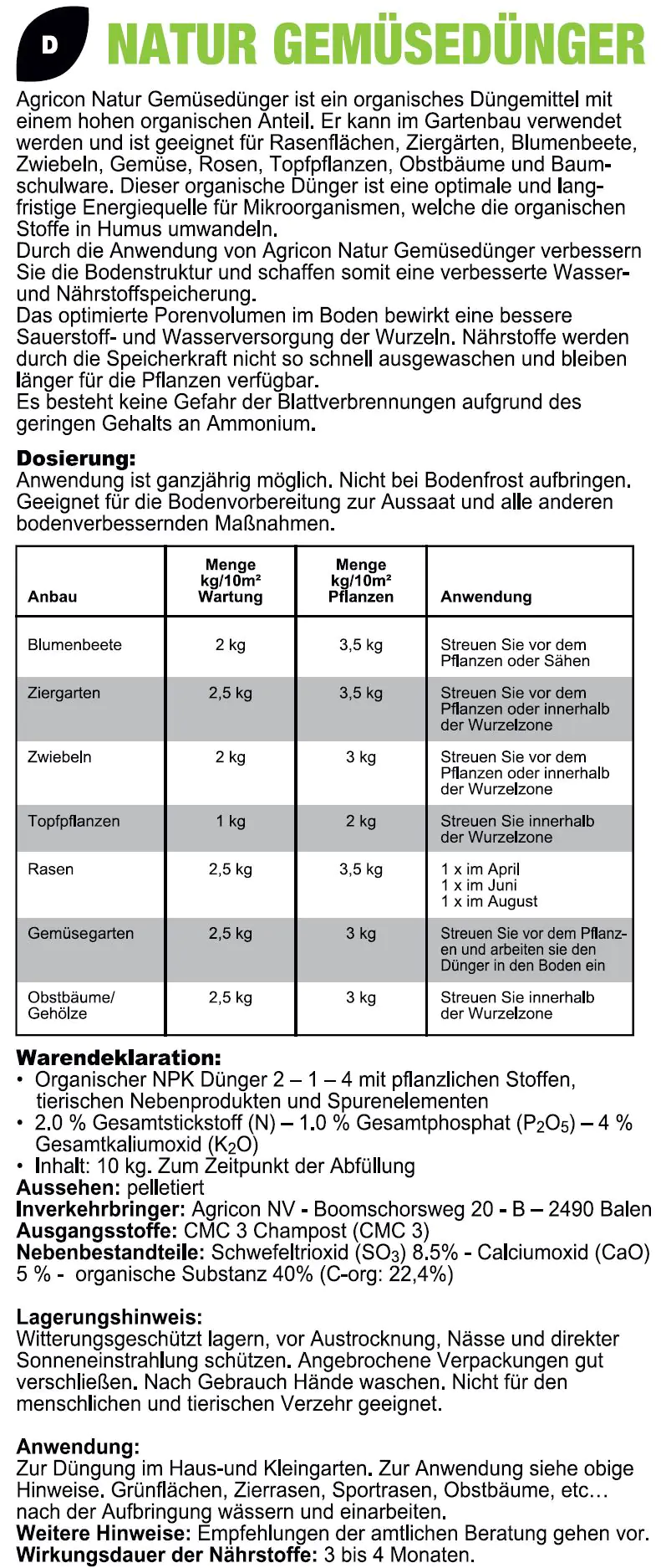 Agricon Gemüsedünger 10kg für ca. 200 m²