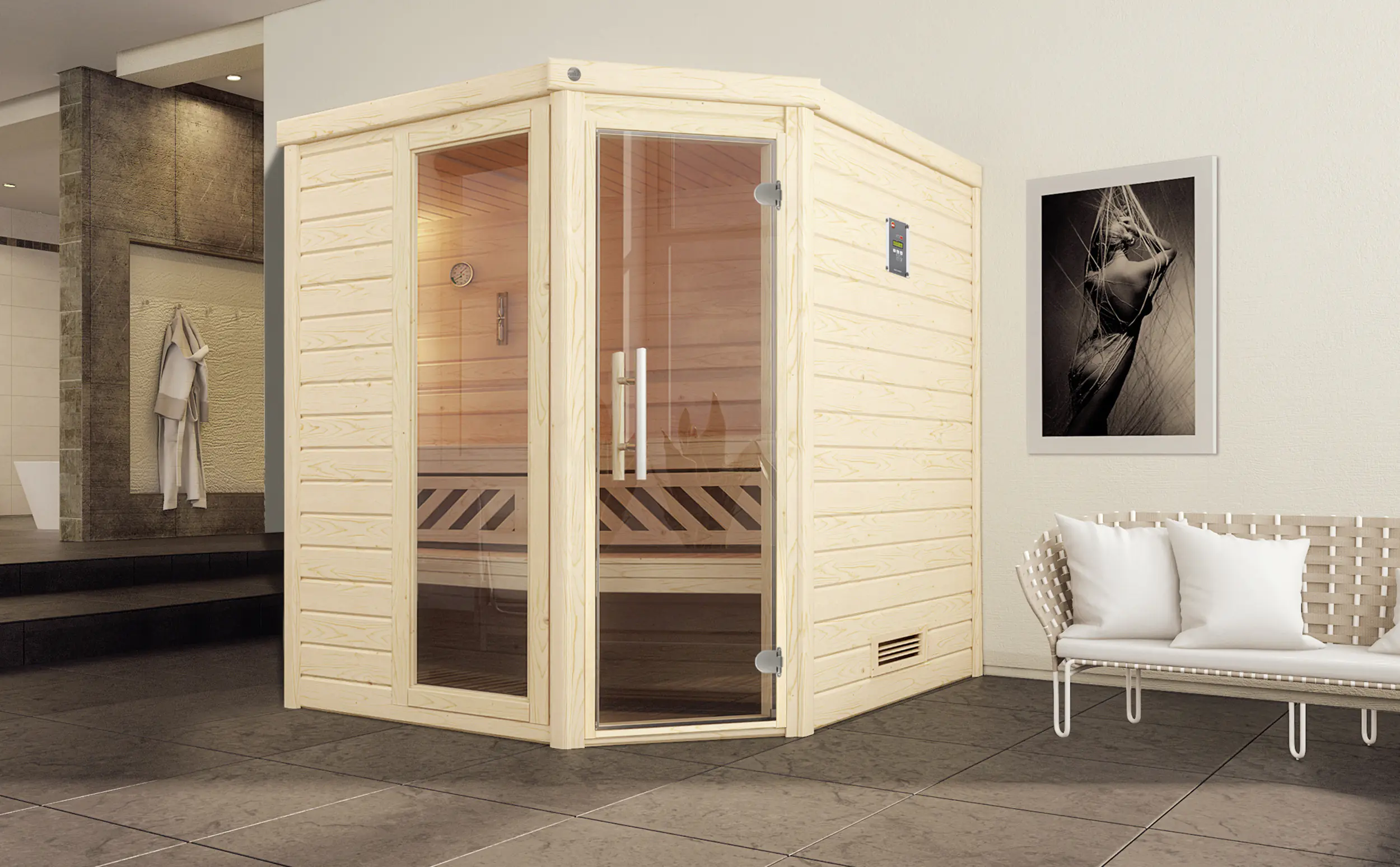 Weka Massivholzsauna Turku 2 mit Glastür und Fenster