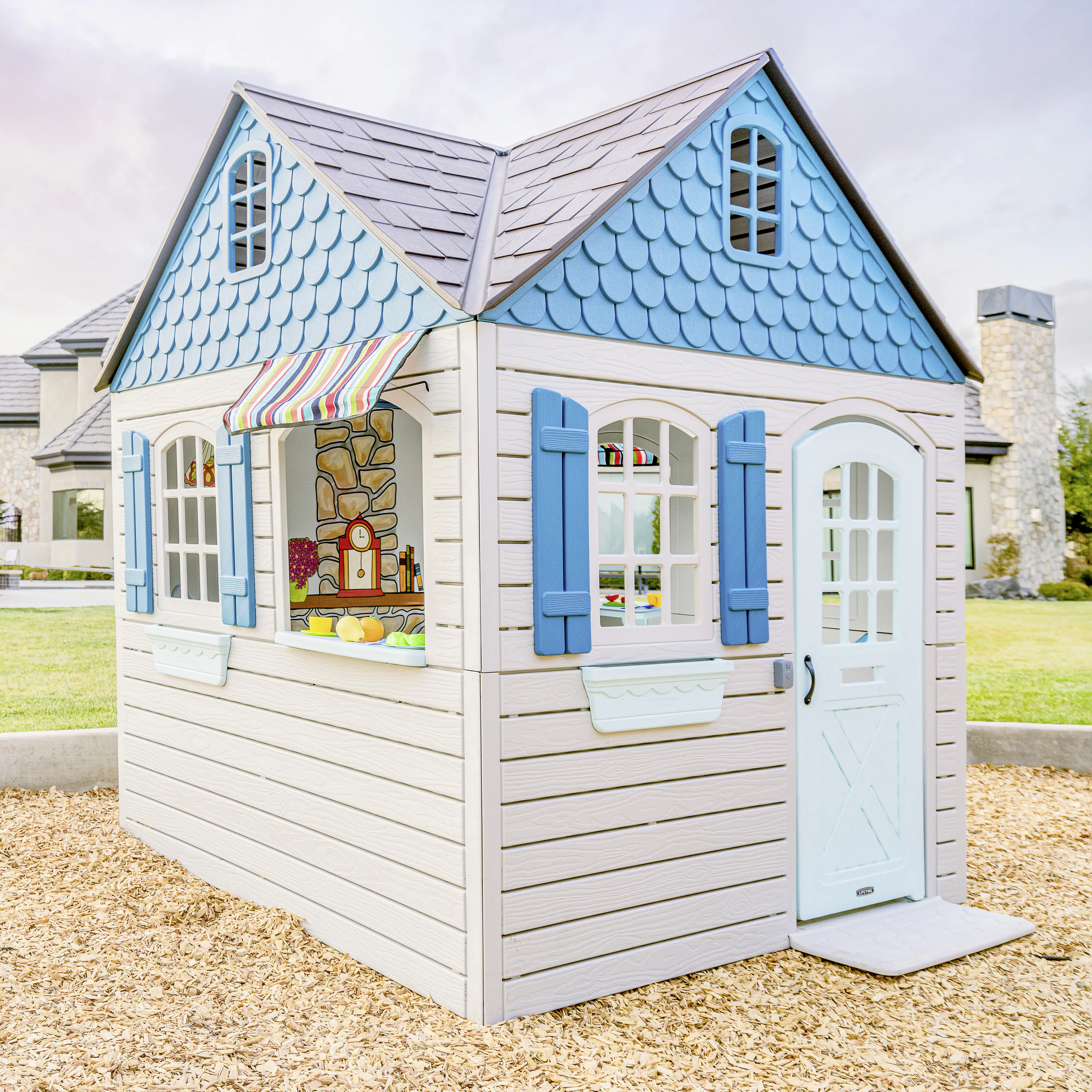 0081483820927_3018929 Lifetime Kinderspielhaus Flipper Gartenhaus Spielgerät lichtgrau blau 186 x 186 cm