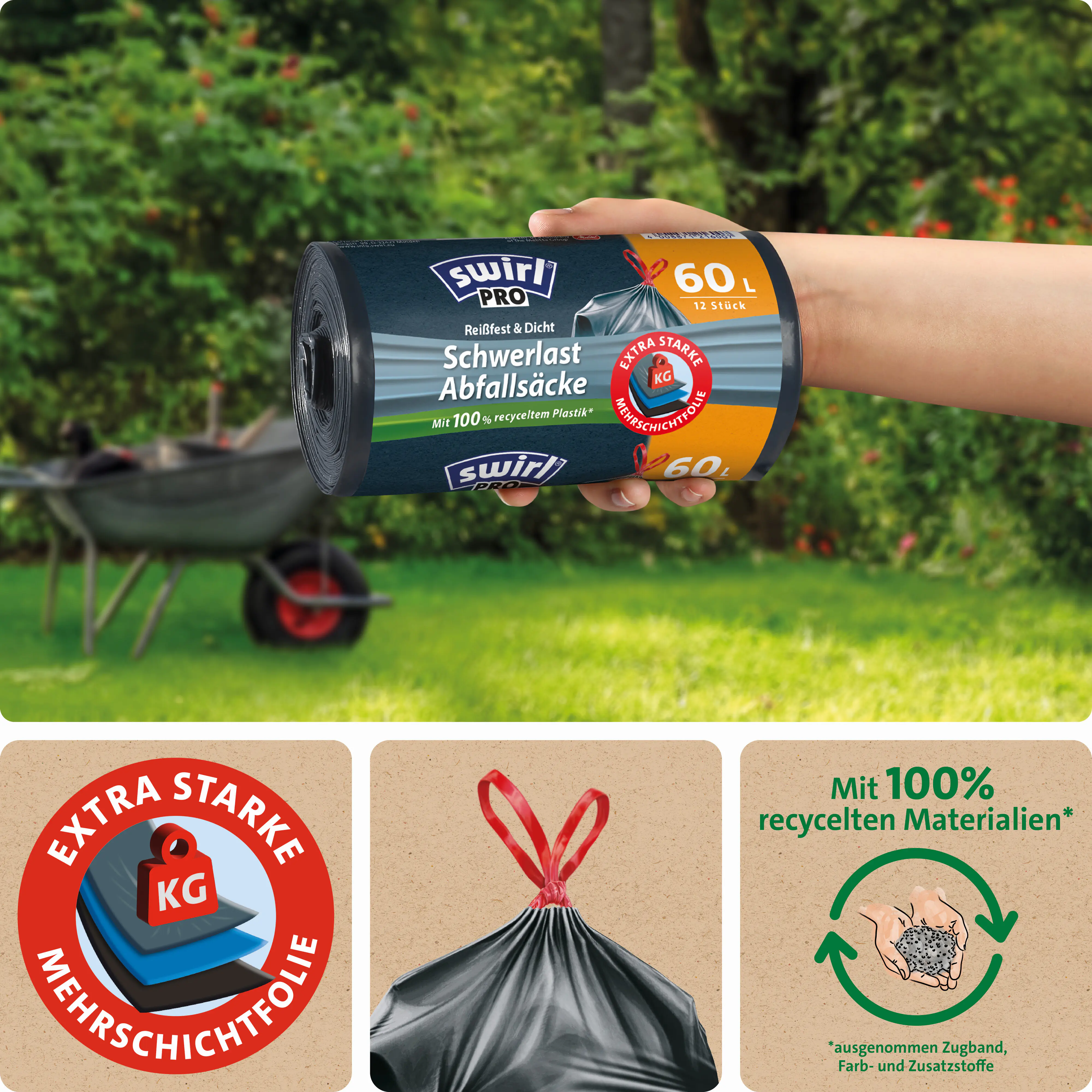 Swirl® Schwerlast-Säcke Profi mit Zugband 60 L Reißfest & Dicht