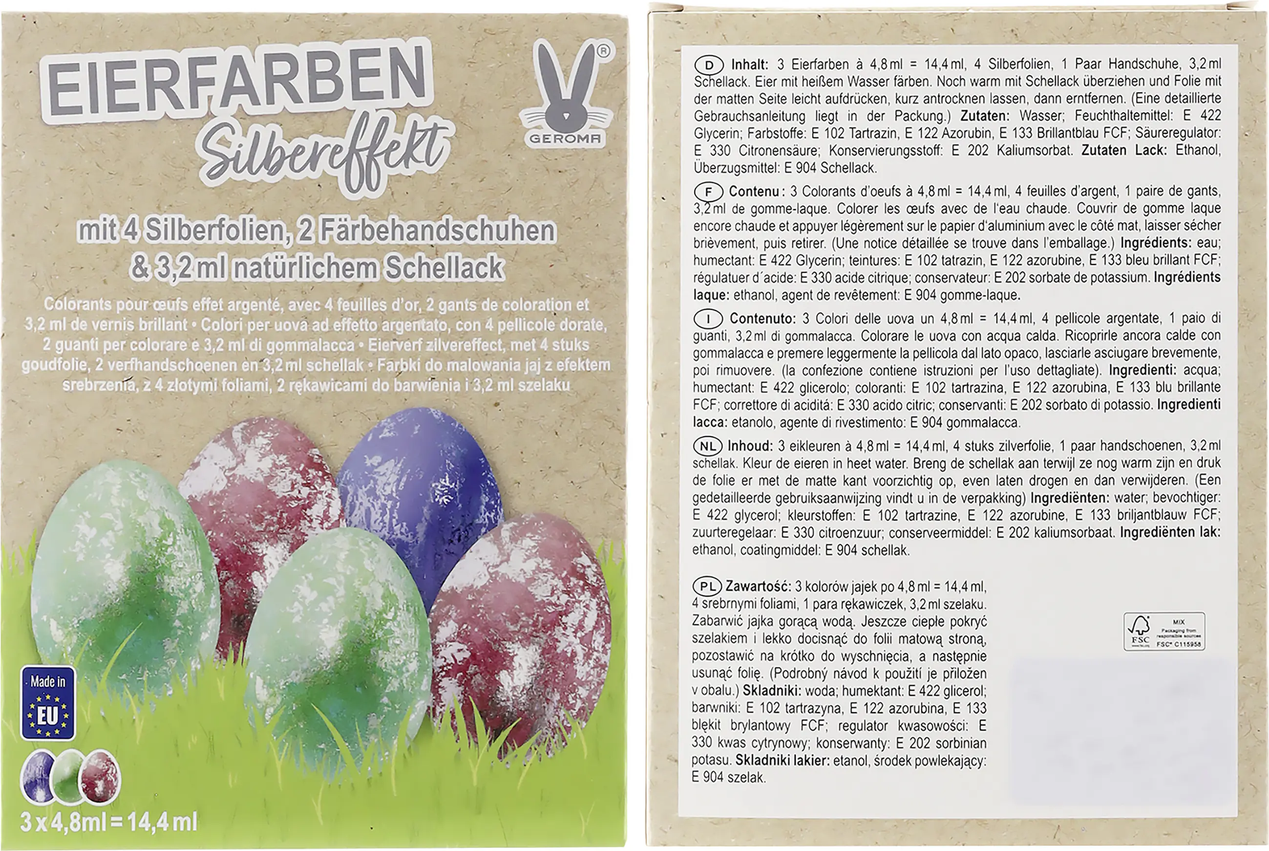 Eierfarben Silbereffekt 3 Farben mit Goldfolie, Schellack und Färbehandschuhe