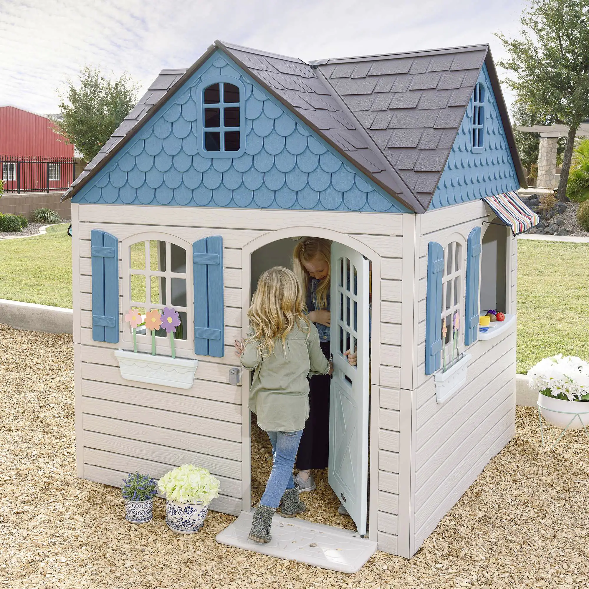 0081483820927_3018935 Lifetime Kinderspielhaus Flipper Gartenhaus Spielgerät lichtgrau blau 186 x 186 cm