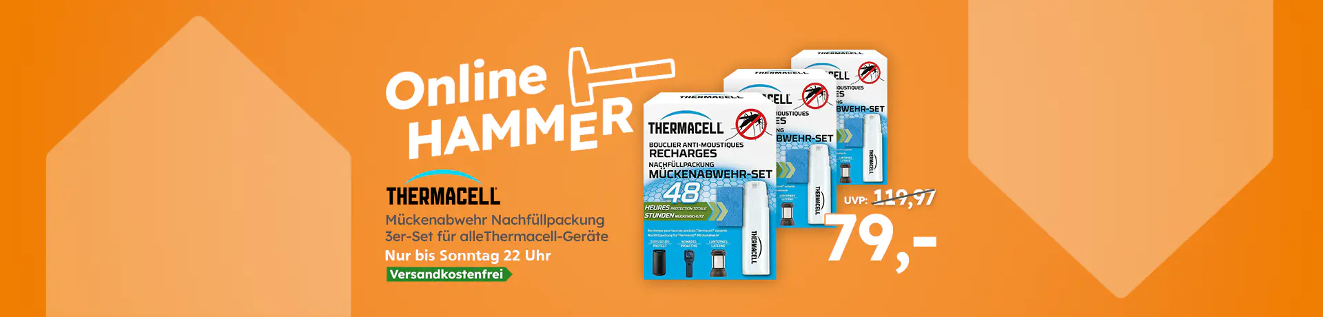 Online HAMMER: Thermacell Mückenabwehr Nachfüllpackung 3er-Set für alle Thermacell-Geräte, versandkostenfrei, nur bis Sonntag 22 Uhr, 79,-