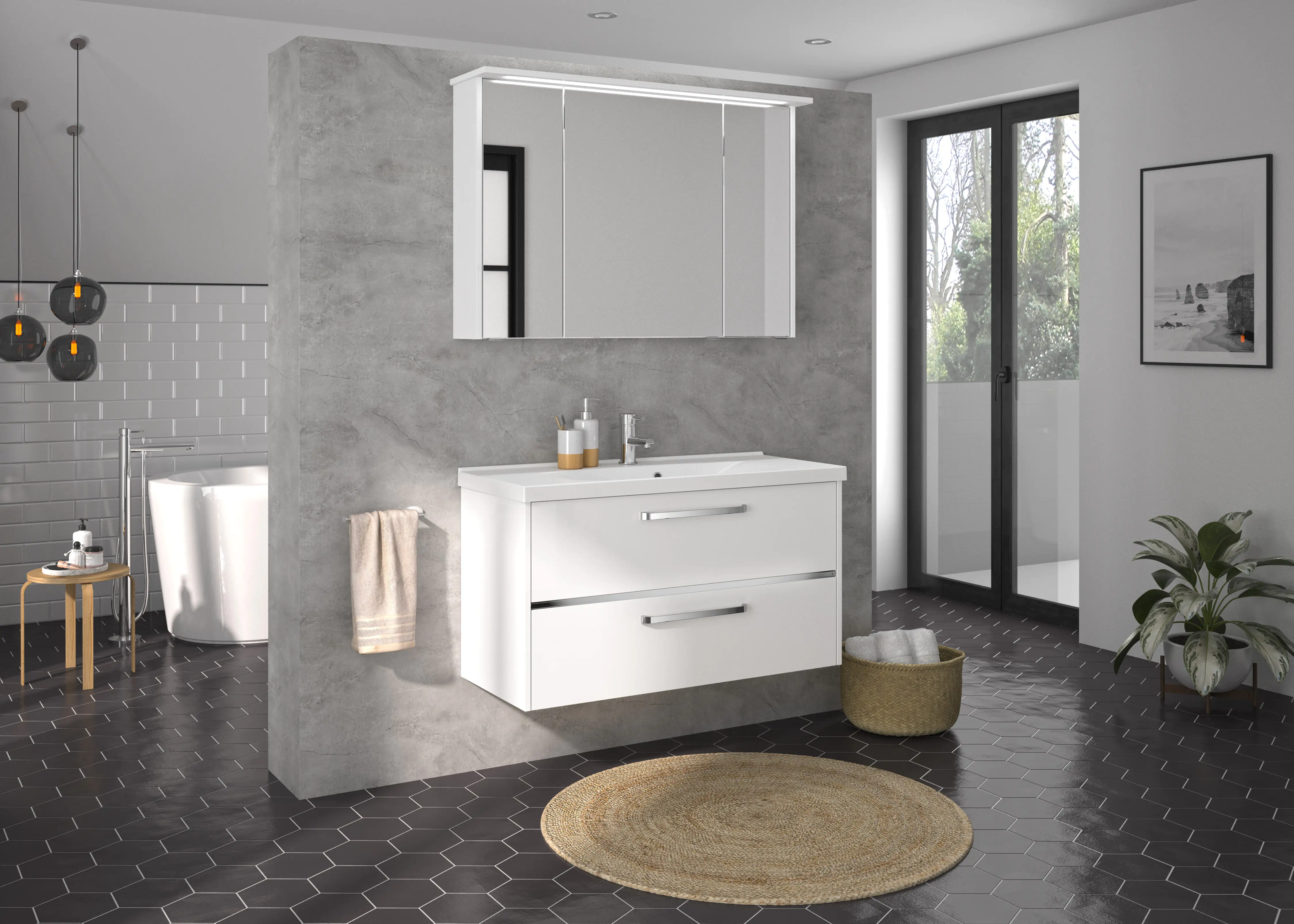 Primaster Badmöbel-Set Berlin weiß 105 cm Twin LED, Mineralgusswaschtisch