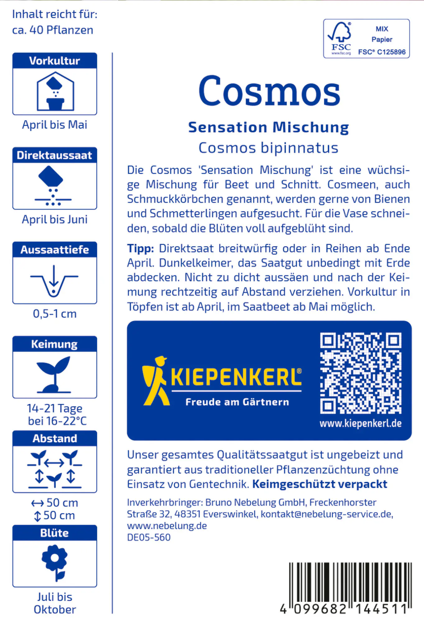 Kiepenkerl Blumensamen Cosmos Sensation Mischung für ca. 40 Pflanzen