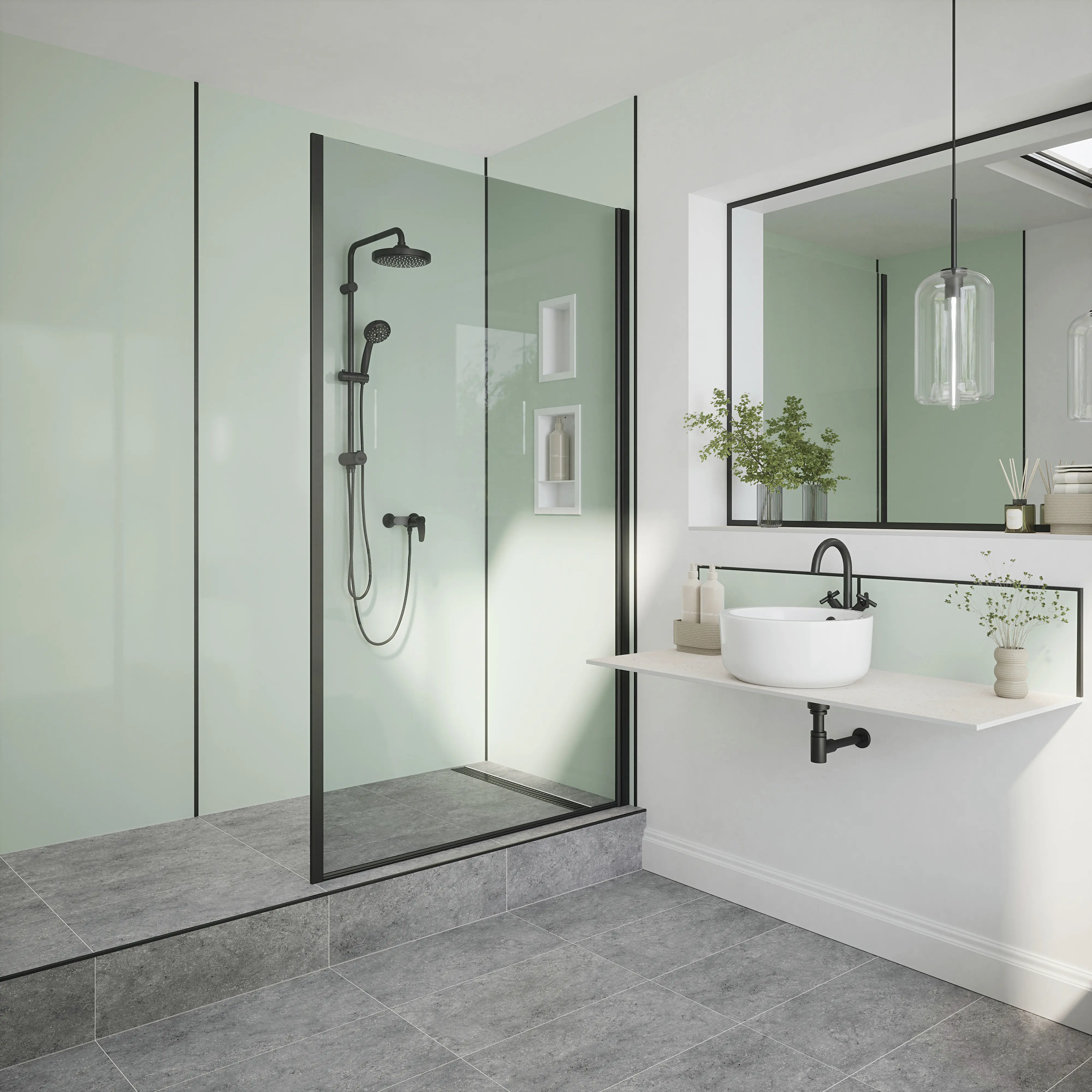 Wetwall Alloy Duschrückwand Terra Grey/Seabreeze Green 90 x 244 cm