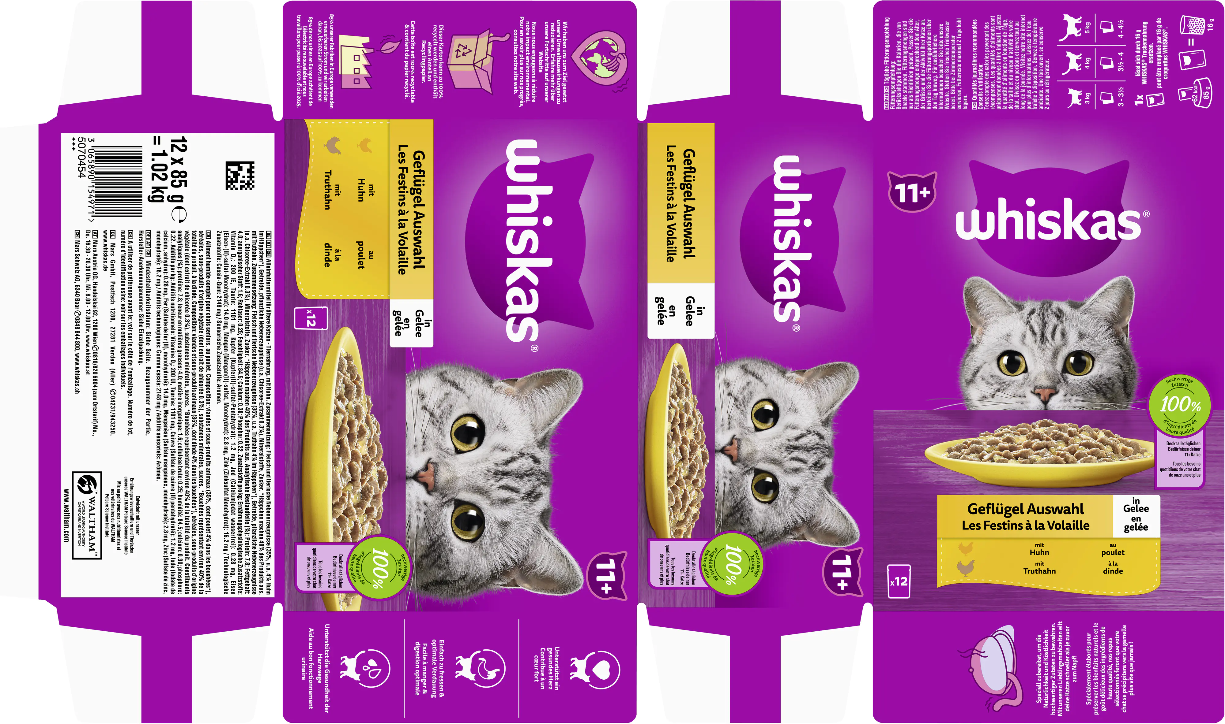 Whiskas Multipack Senior 11+ Geflügelauswahl in Gelee Katzenfutter 12 x 85 g