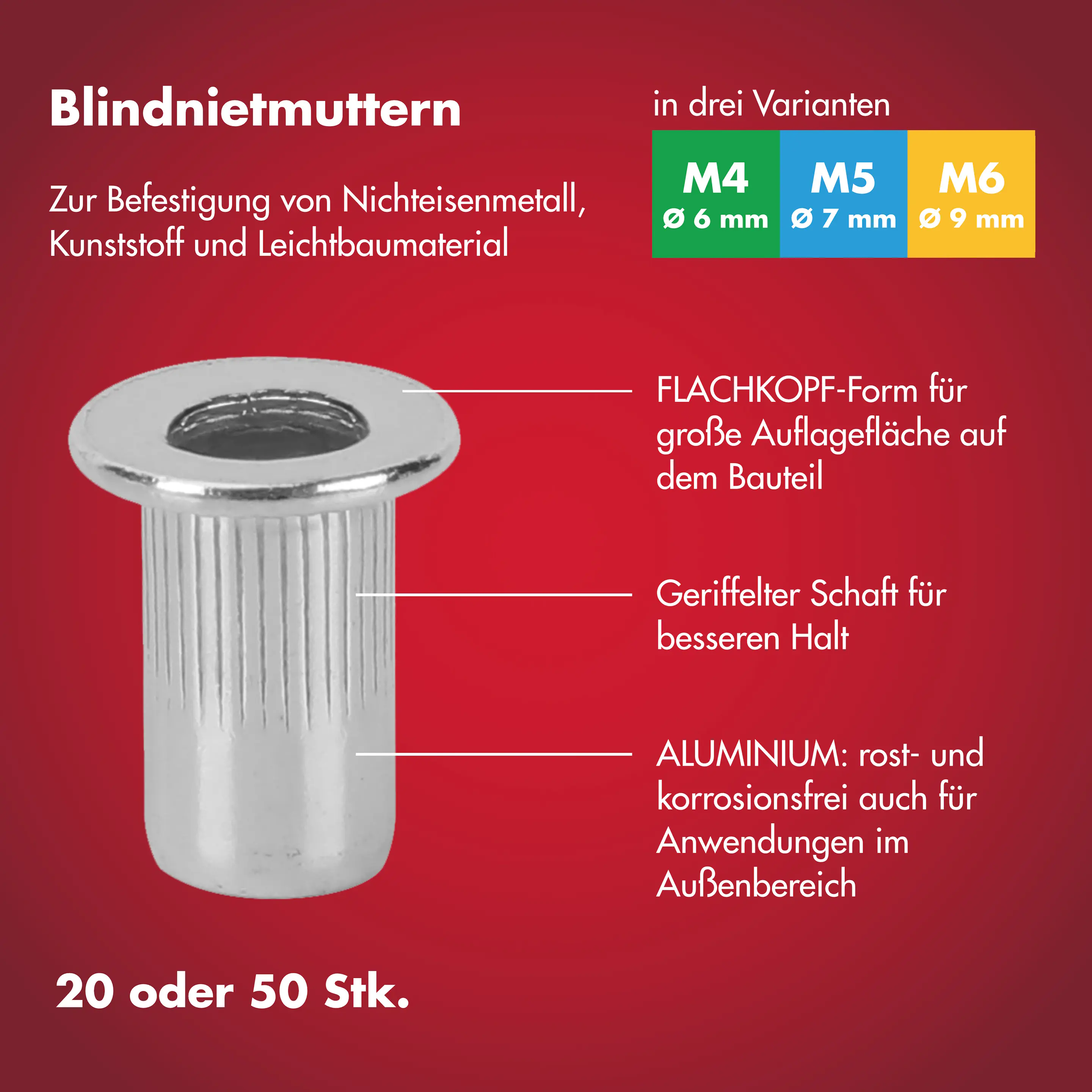 Arrow Blindnietmutter Typ M5 Ø 7 x 13 mm mit M5 Gewinde Aluminium 50 Stück