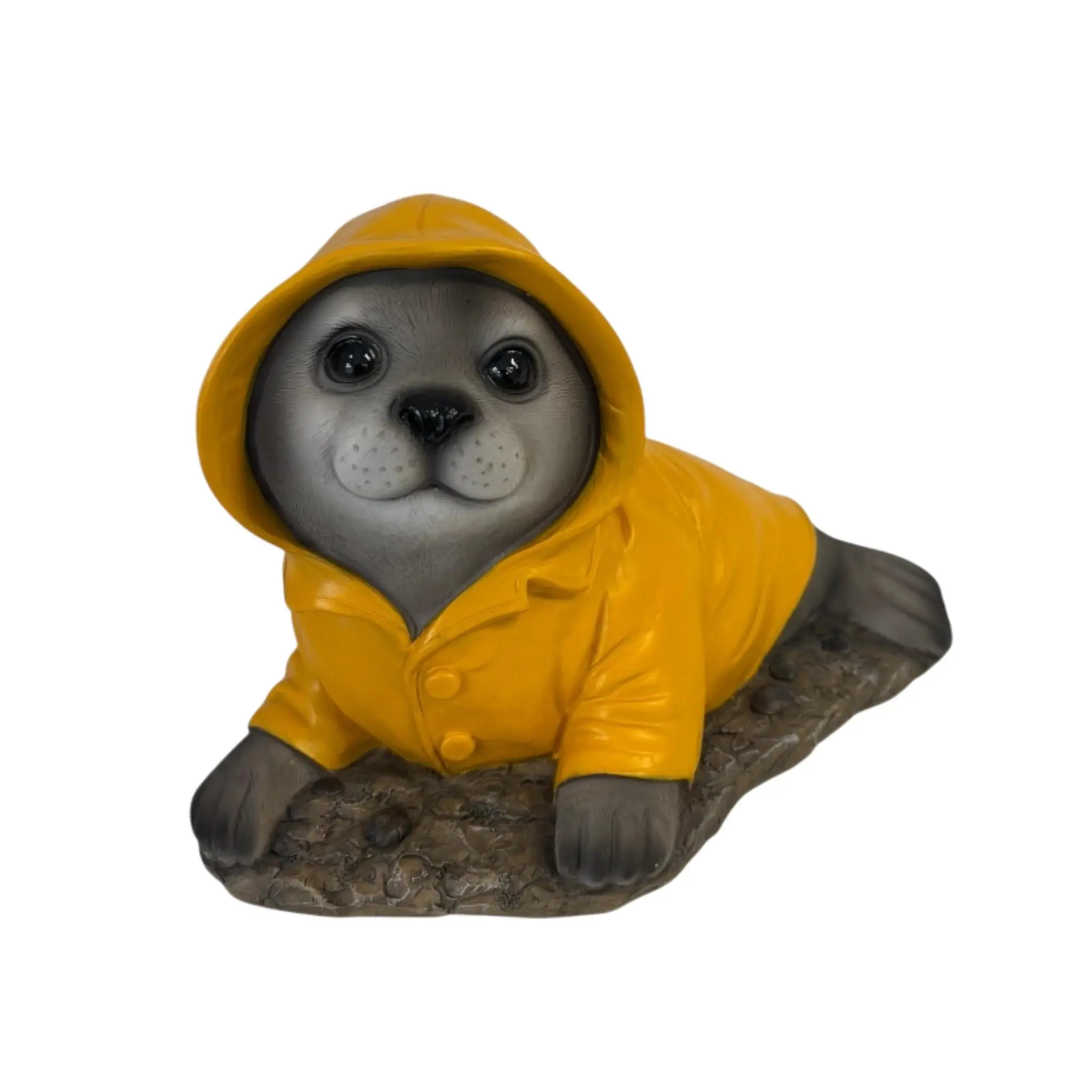Dekofigur Seehund im Regenmantel klein 14 x 21,5 cm gelb/grau