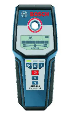 Elektronischer Ortungsdetektor der Marke Bosch, Modell GMS 120 Professional, mit digitalem Display, Bedienknöpfen und LED-Anzeige zur Erkennung von Metall, Stromleitungen und Holz in Wänden.