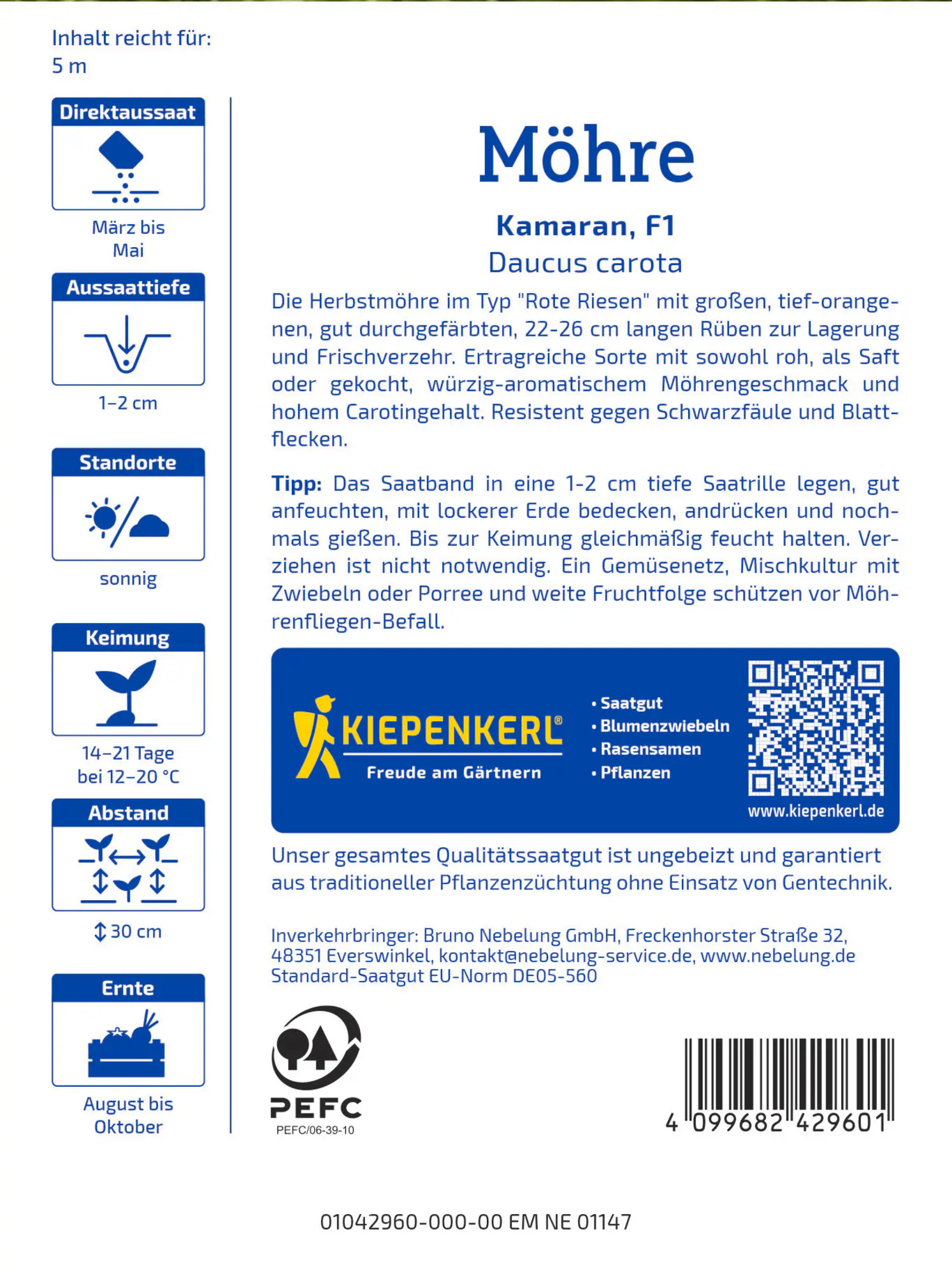 Kiepenkerl Profi-Line Saatgut Möhren Kamaran F1 Saatband für ca. 1,25 – 1,5 m²