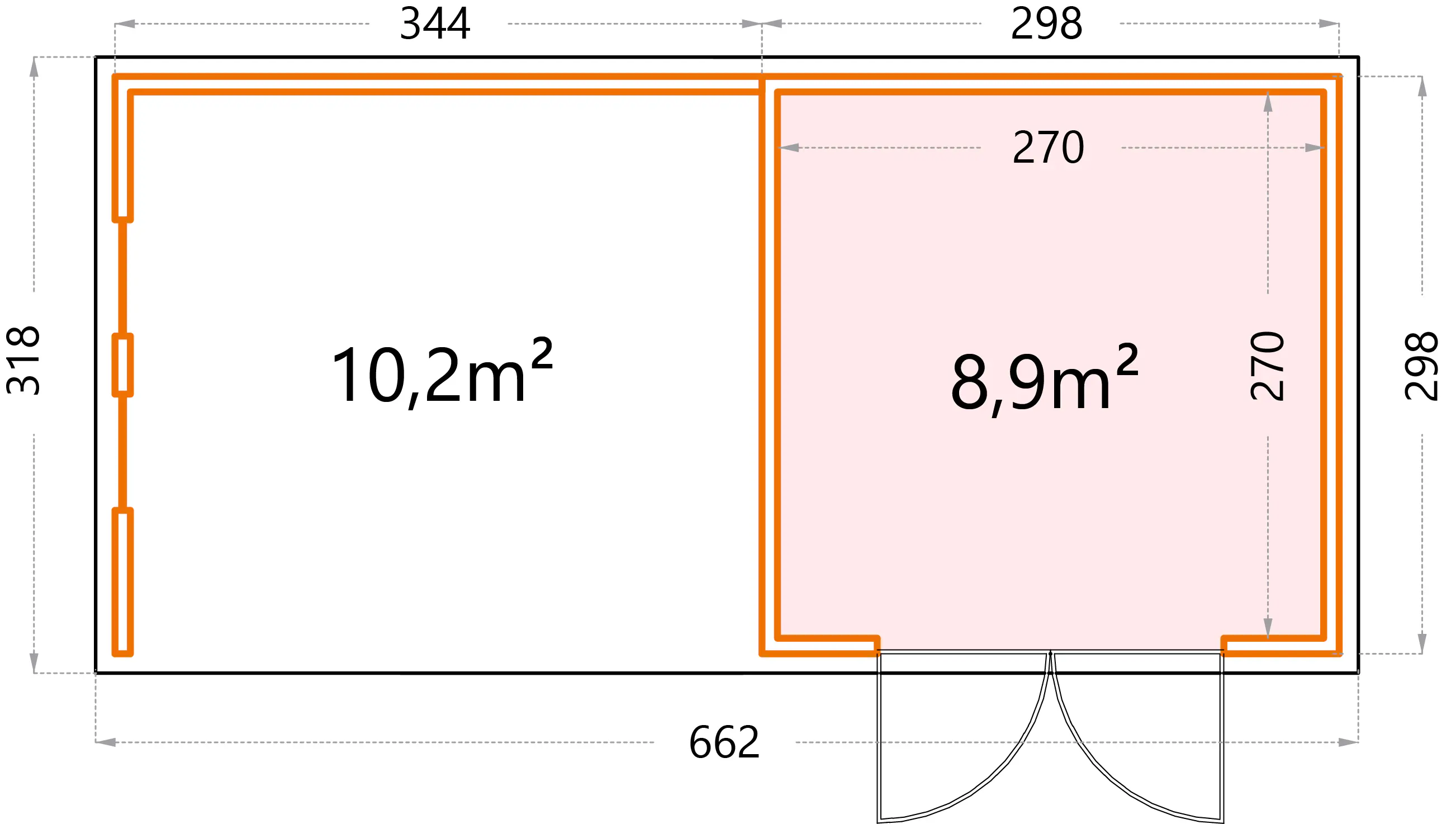 Telluria Gerätehaus Classico Lounge L mit Fenstern 3030 links EW weiß 642 x 298 cm