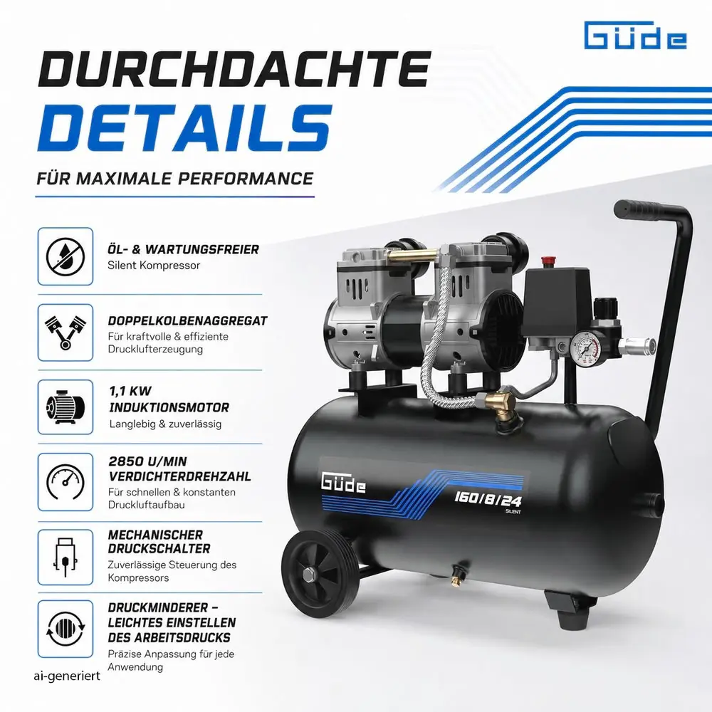 Güde Kompressor Airpower 160/8/24 SILENT max. 8 bar 24 l 1100 W 230 V