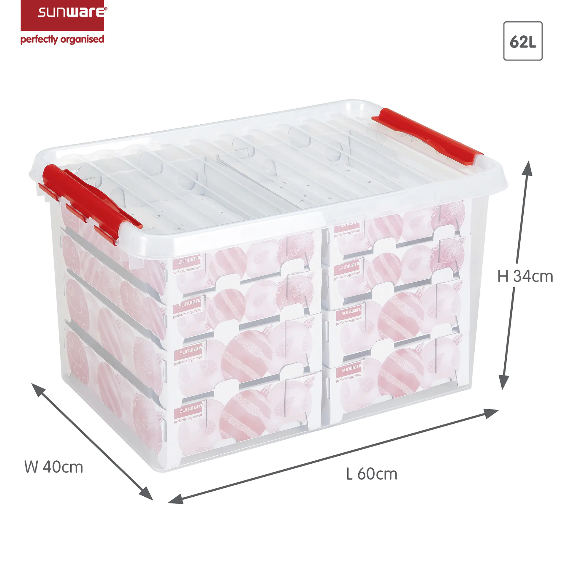 Sunware Weihnachtsbox Q-line 62L mit Einsatz für 116 Kugeln transparent rot