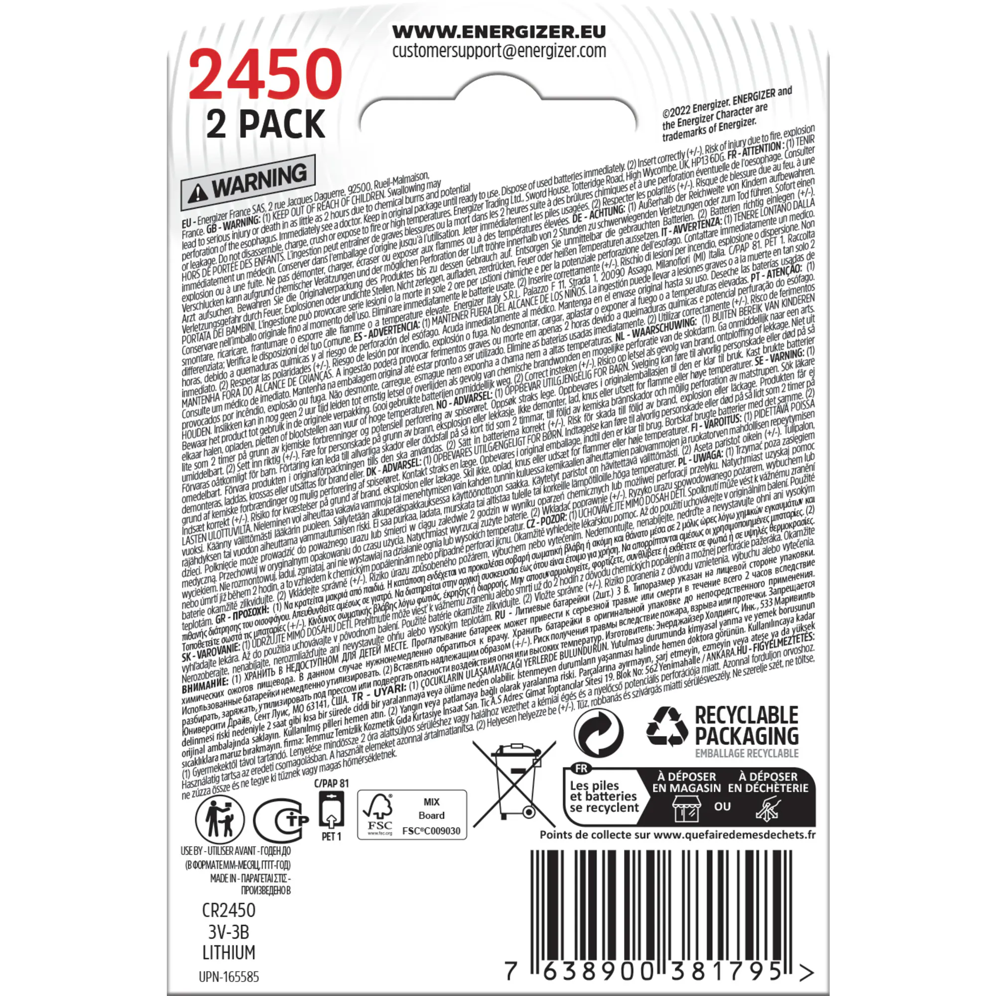 Energizer Knopfzelle CR 2450 Lithium, 3 V, 2er Pack Energizer Knopfzelle CR 2450 Lithium, 3 V, 2er Pack
