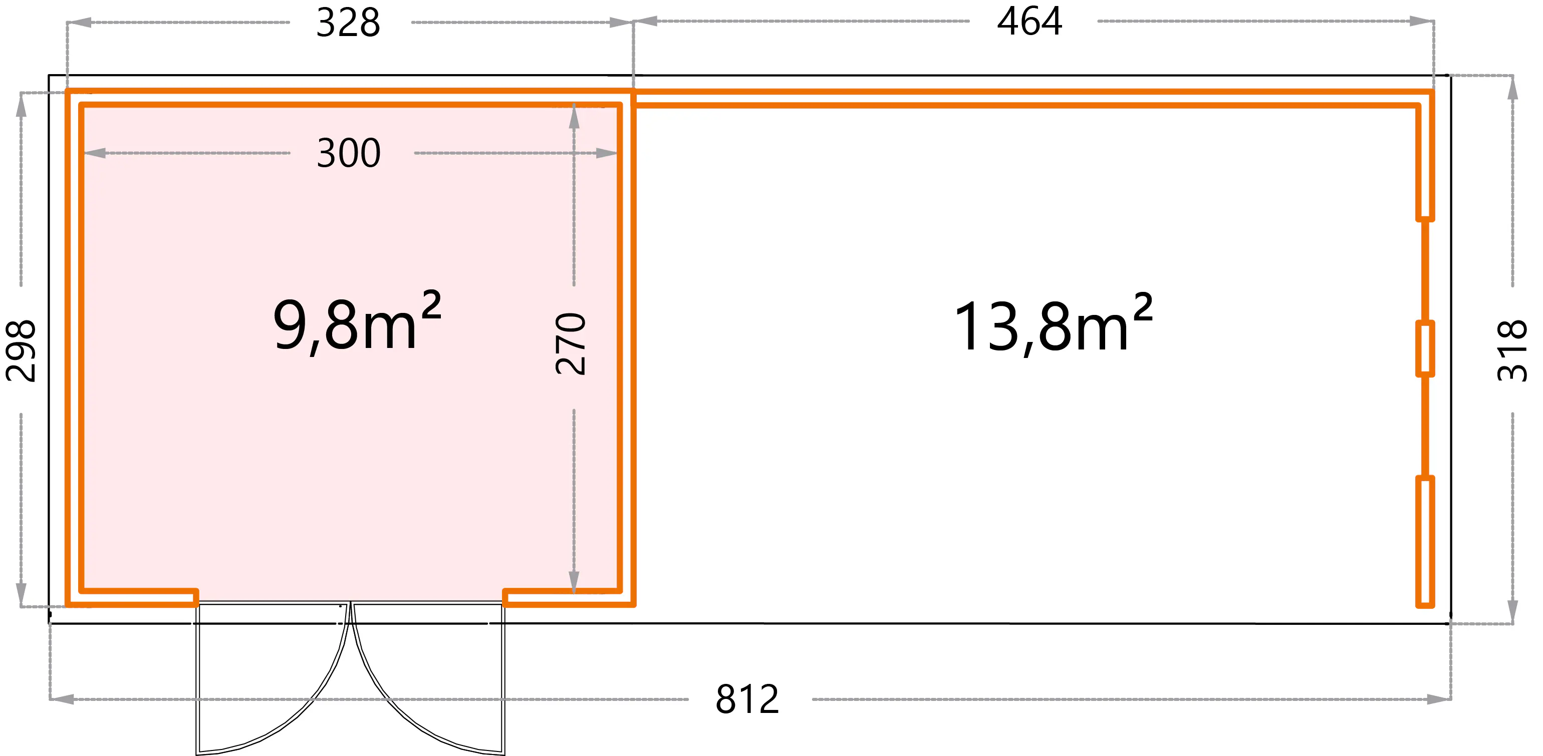 Telluria Gerätehaus Classico Lounge XL mit Fenstern 3330 rechts EW weiß 792 x 298 cm