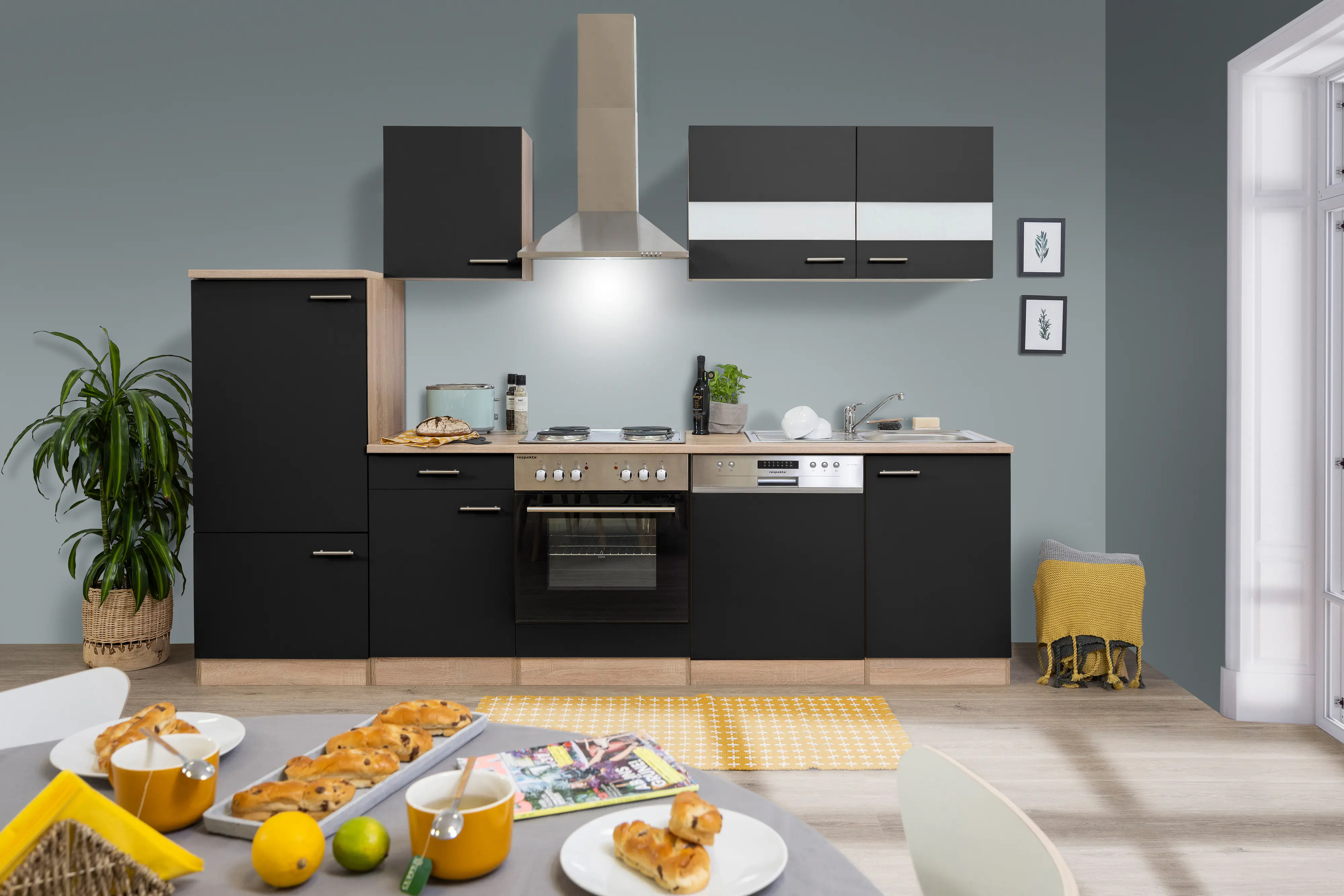 Respekta Economy Küchenblock 280 cm schwarz, Eiche Sonoma, KB280ESS