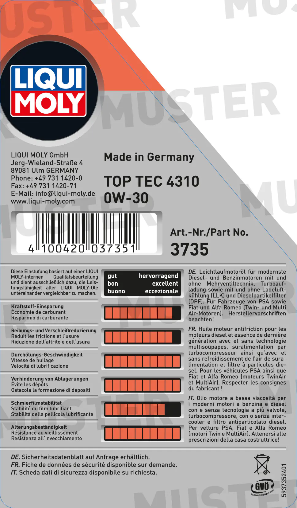 Liqui Moly Motoröl Top Tec 4310 0W-30 1 L