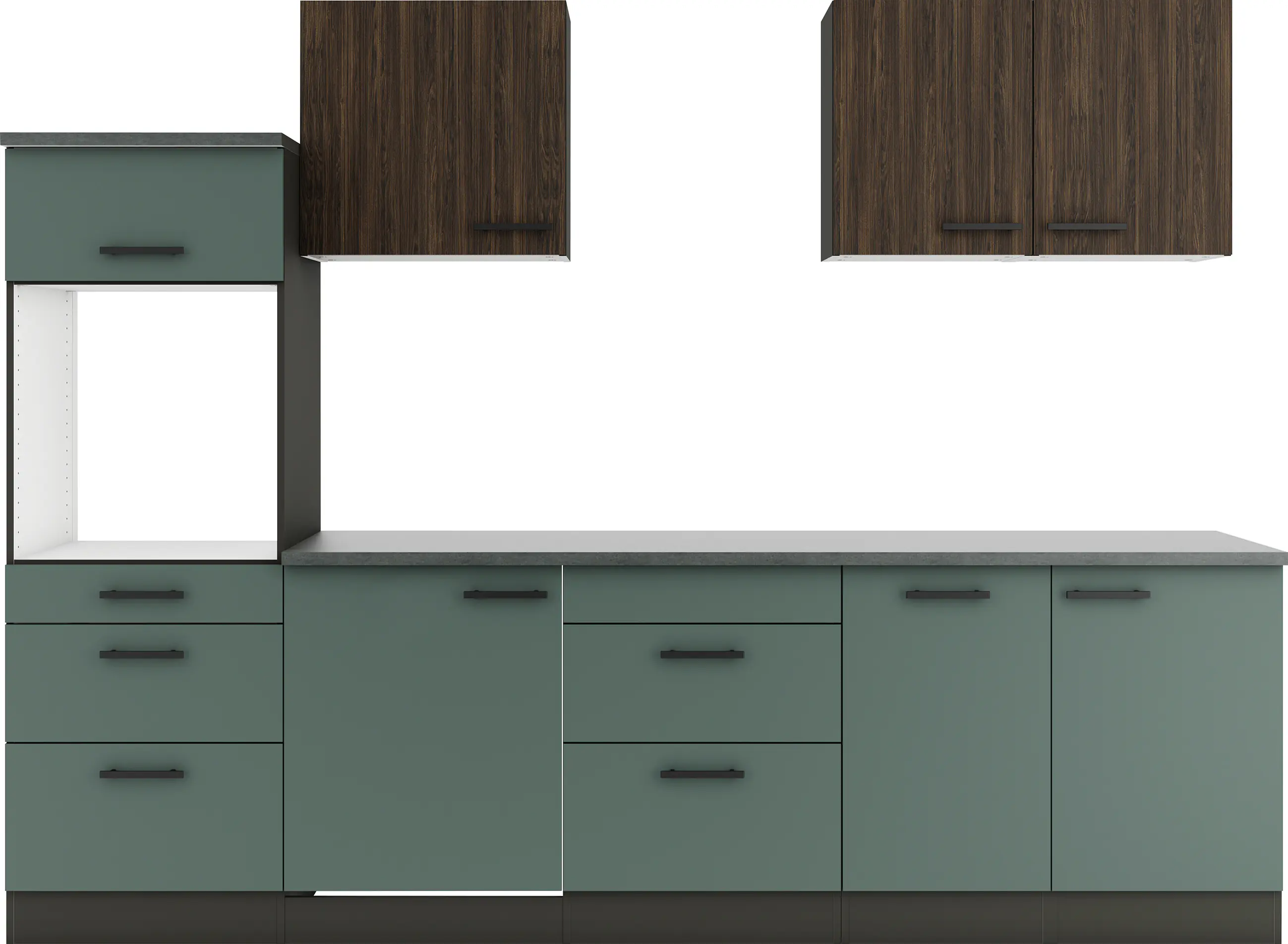 Optifit Küchenzeile Rimini 409/Verona 405 ohne Geräte nussbaum/steingrün 270 cm