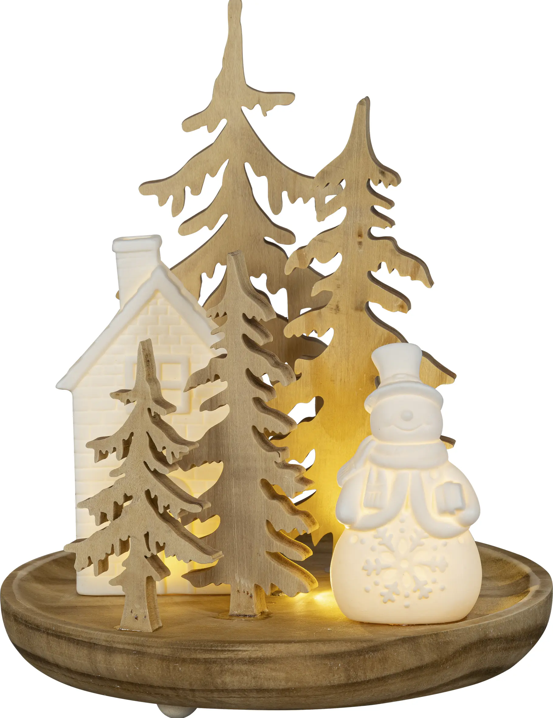 HGD LED-Dekoaufsteller Winterwald mit Haus & Schneemann Ø 19 x 23,5 cm warmweiß braun/weiß