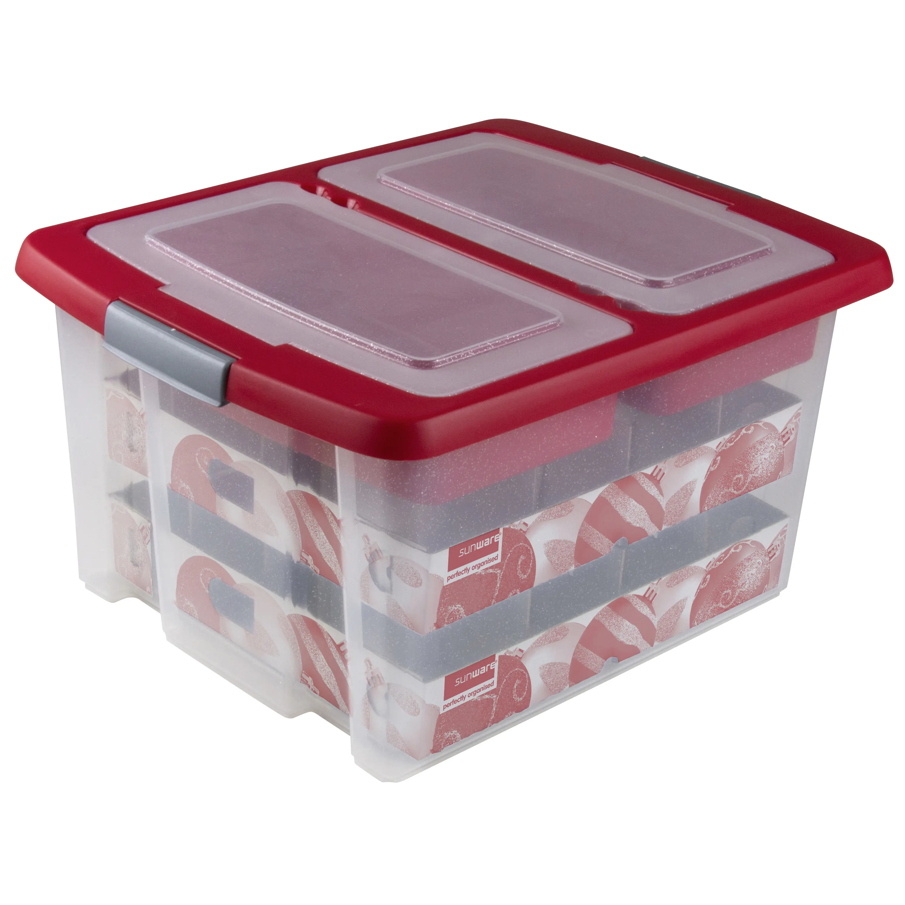 Sunware Weihnachtsbox Nesta 32L mit Einsatz für 32 Kugeln transparent rot