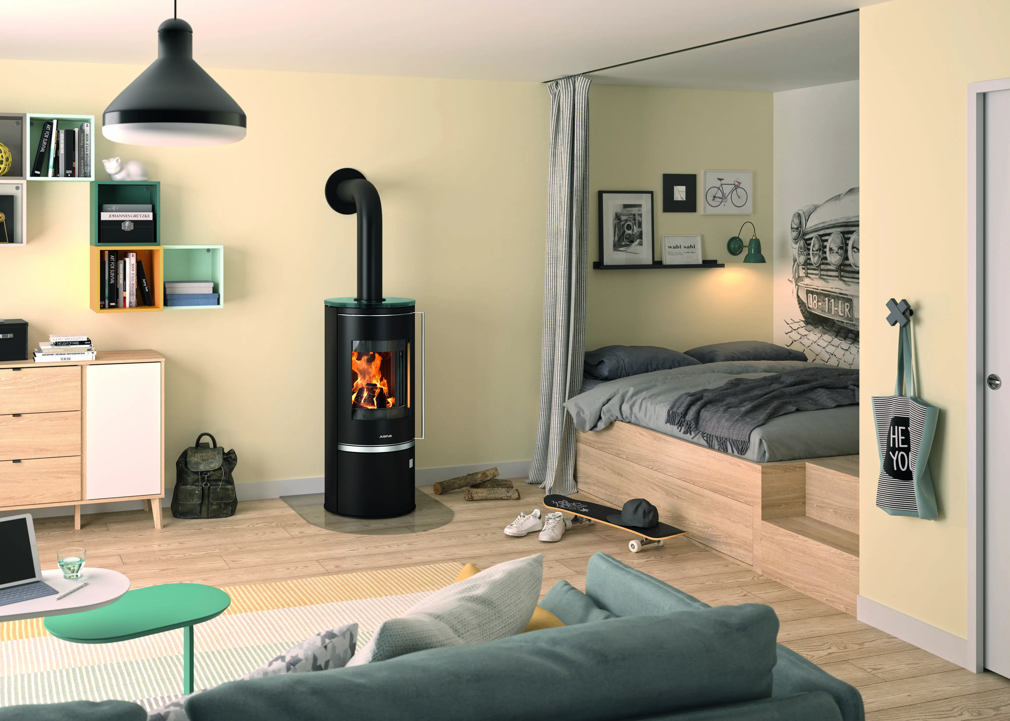 Justus Kaminofen Faro Top 2.0 Stahl schwarz mit Abdeckplatte Glas 6 kW