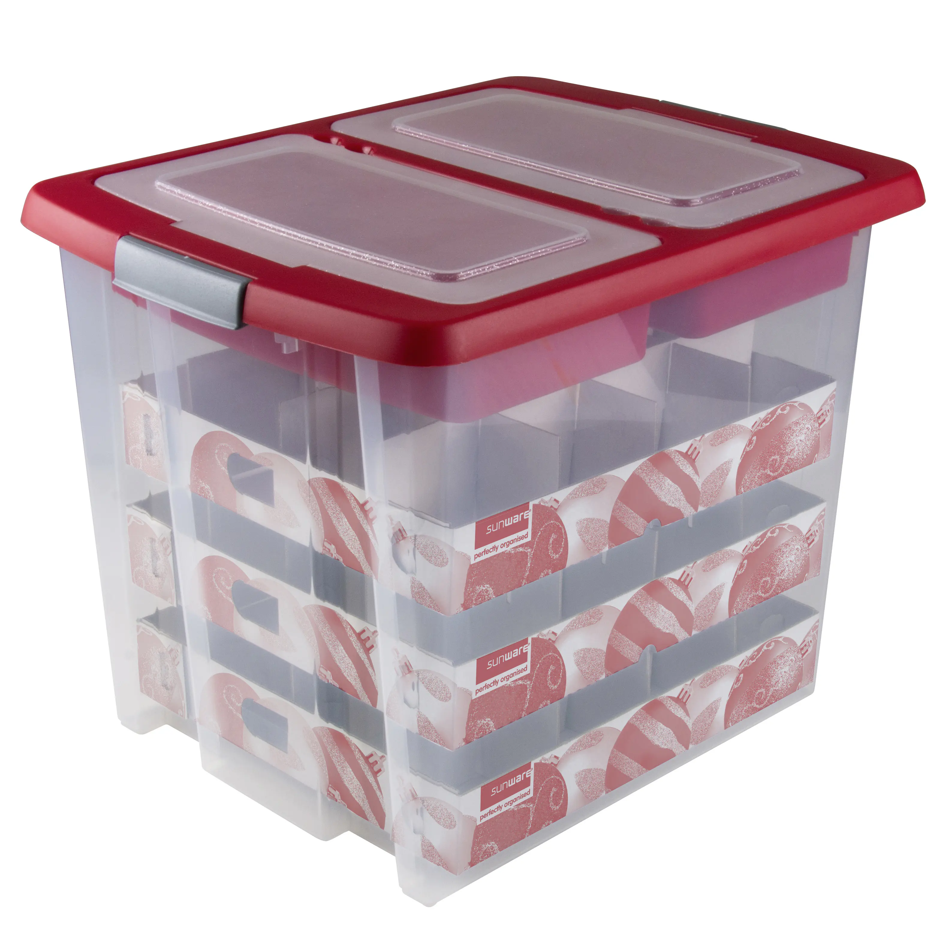 Sunware Weihnachtsbox Nesta 45L mit Einsatz für 48 Kugeln transparent rot