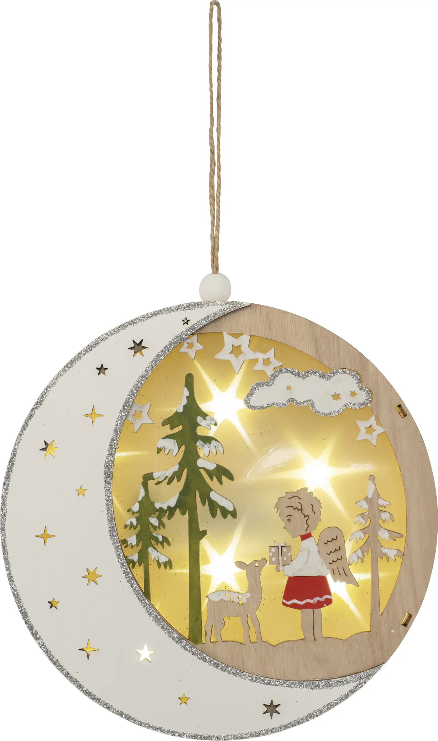 LED-Fensterbild Deko Holz Mond mit Engel Ø 18 cm warmweiß