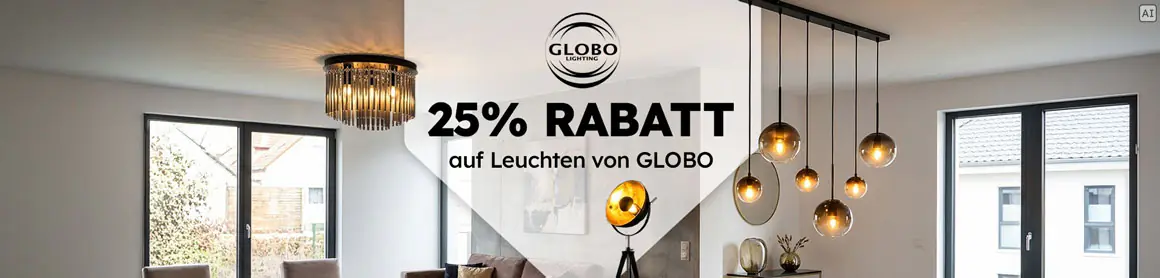 25% Rabatt auf Leuchten von GLOBO mit modernen Pendel- und Deckenleuchten im Wohnzimmer. KI-generiertes Bild.