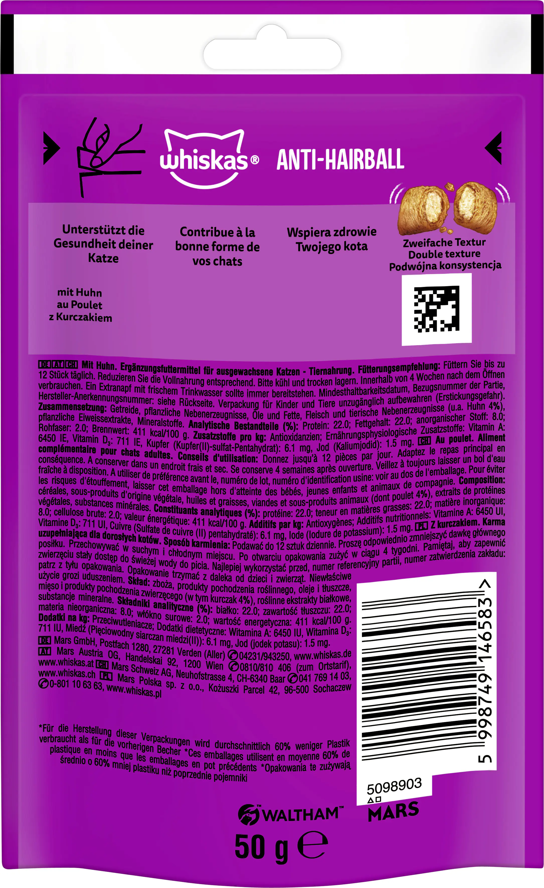 Whiskas Anti-Hairball Katzensnack 50 g Huhn