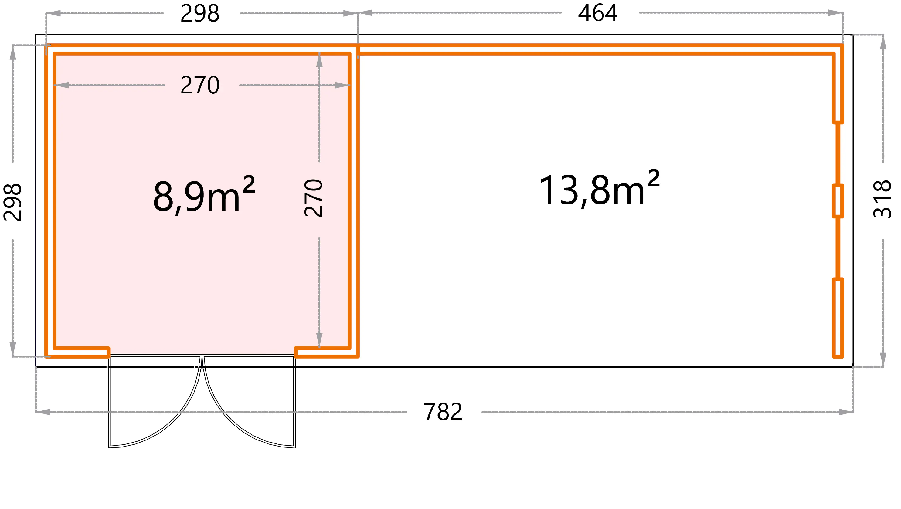 Telluria Gerätehaus Classico Lounge XL mit Fenstern 3030 rechts lichtgrau 762 x 298 cm