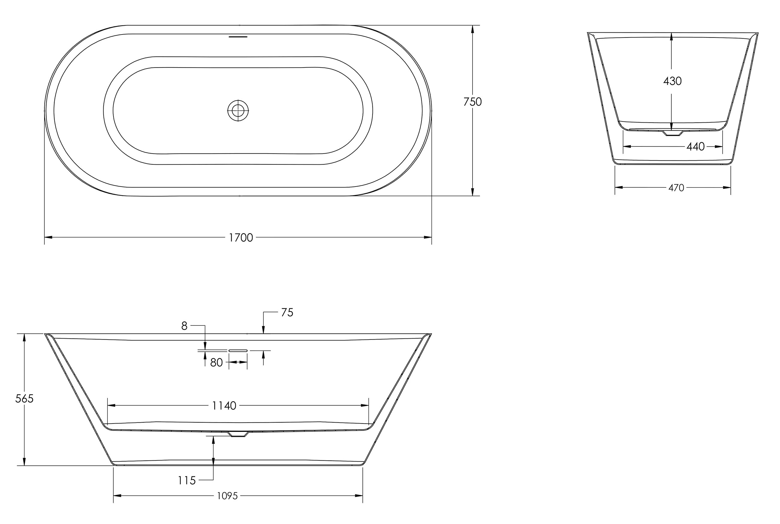 Ottofond Freistehende Badewanne Eko 170x75x43 cm, weiß