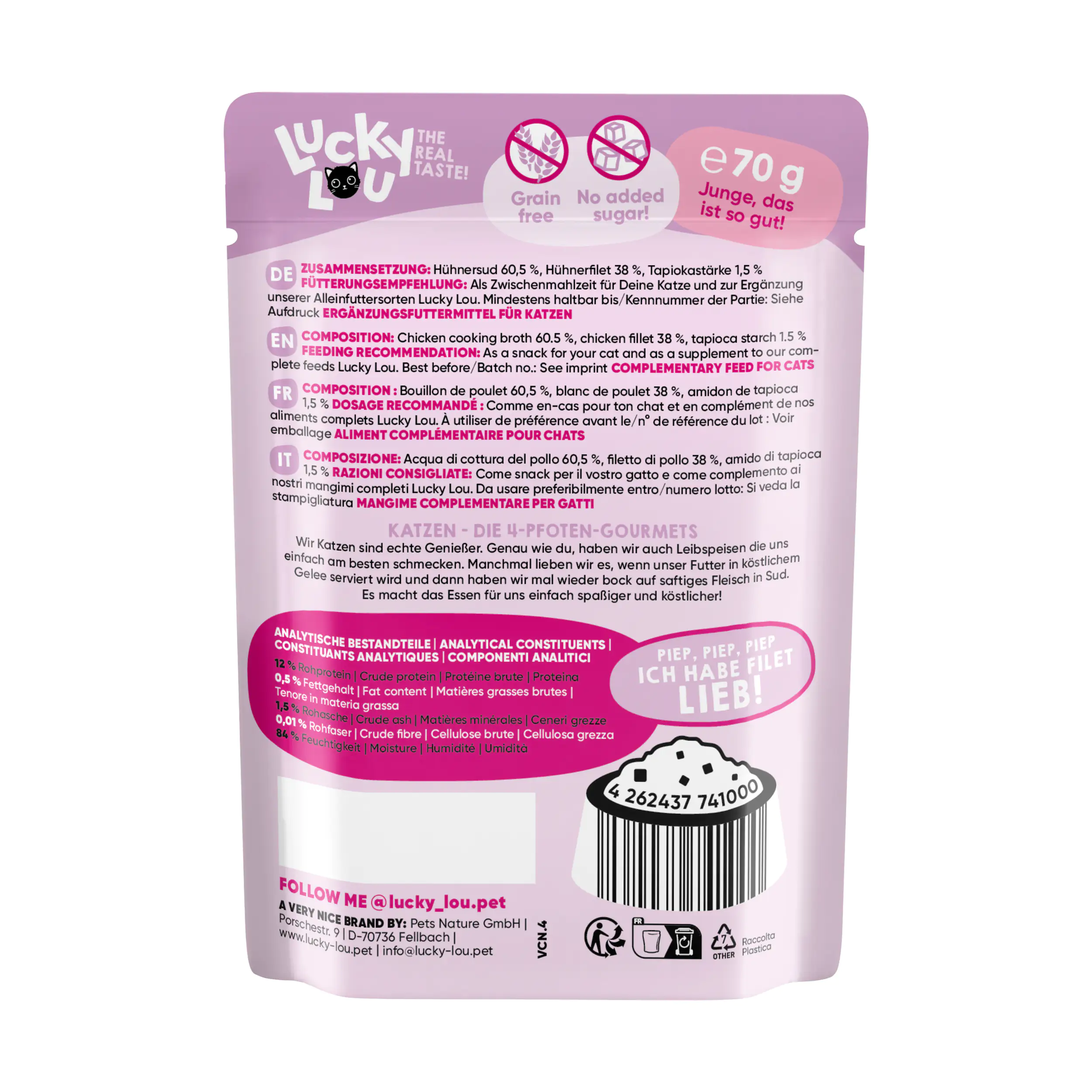 Lucky Lou Extrafood Thunfischfilet mit Lachs in Gelee 70 g Lucky Lou Extrafood Thunfischfilet mit Lachs in Gelee 70 g