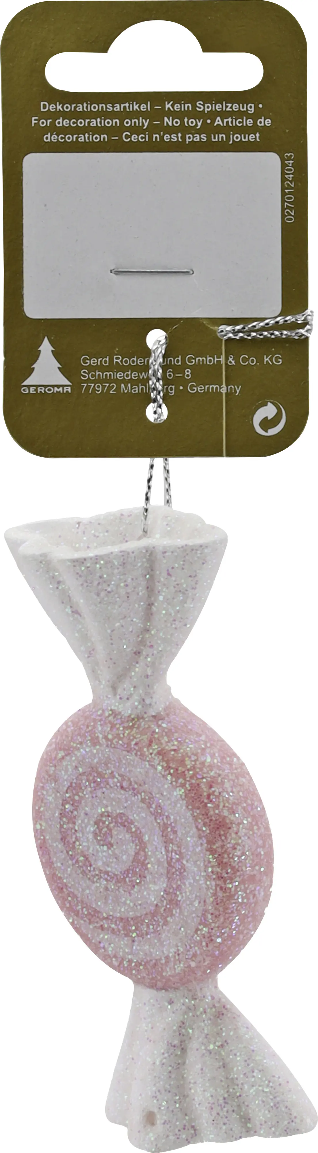 Weihnachtsanhänger Bonbon rund aus Kunststoff 8,5 x 4 cm weiß/rosa