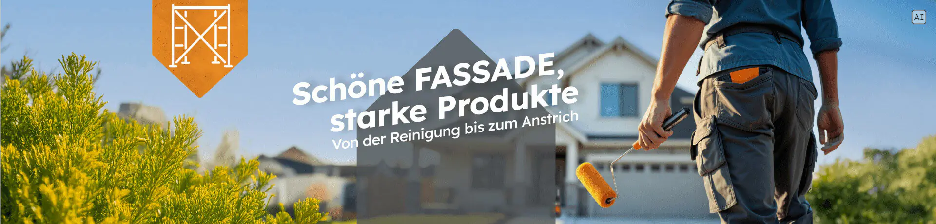 „Schöne FASSADE, starke Produkte – Von der Reinigung bis zum Anstrich“ mit Person und Farbrolle vor einem Wohnhaus.