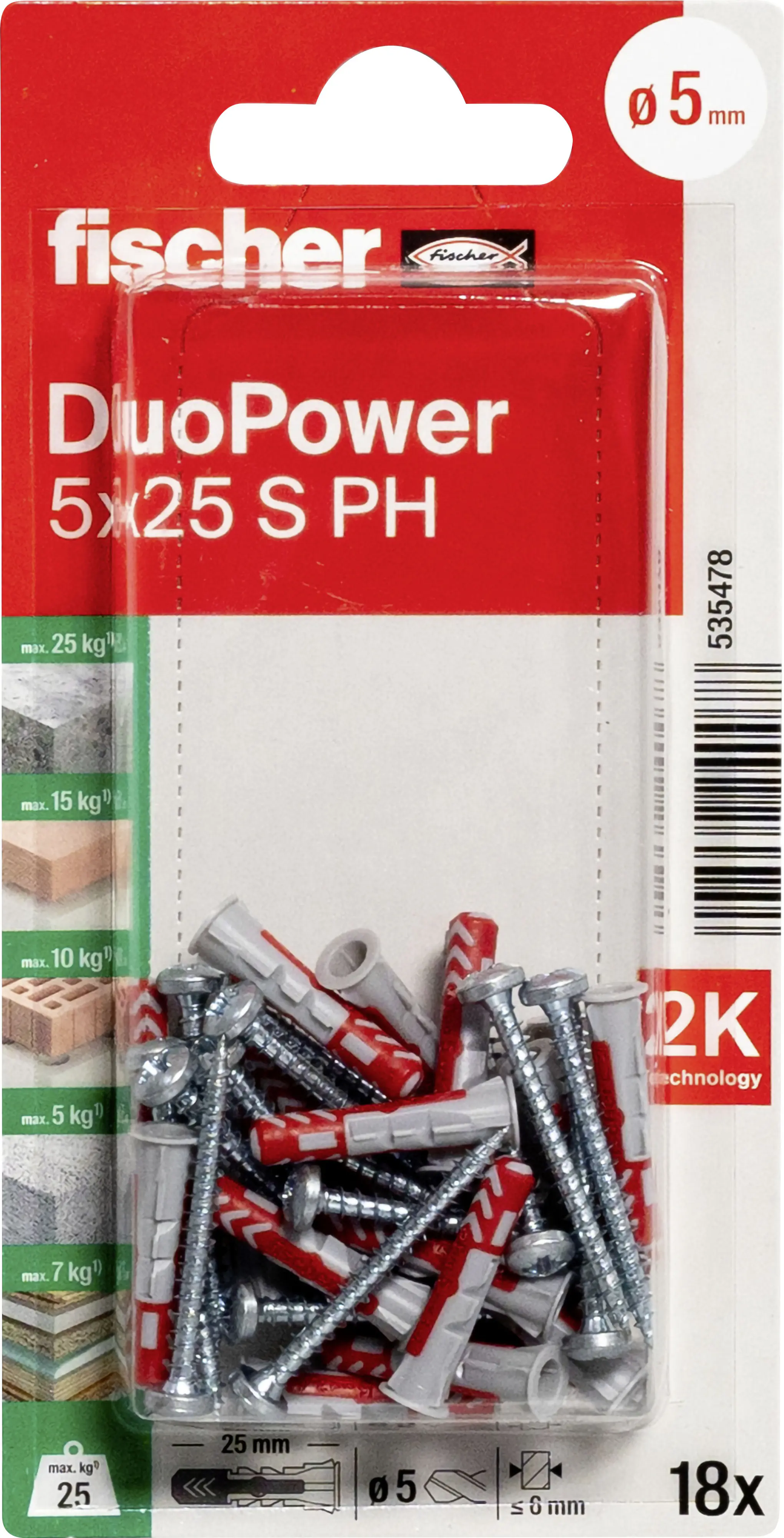 Fischer Dübel-Set DuoPower S PH 5 x 25 mm mit Schraube - 18 Stück