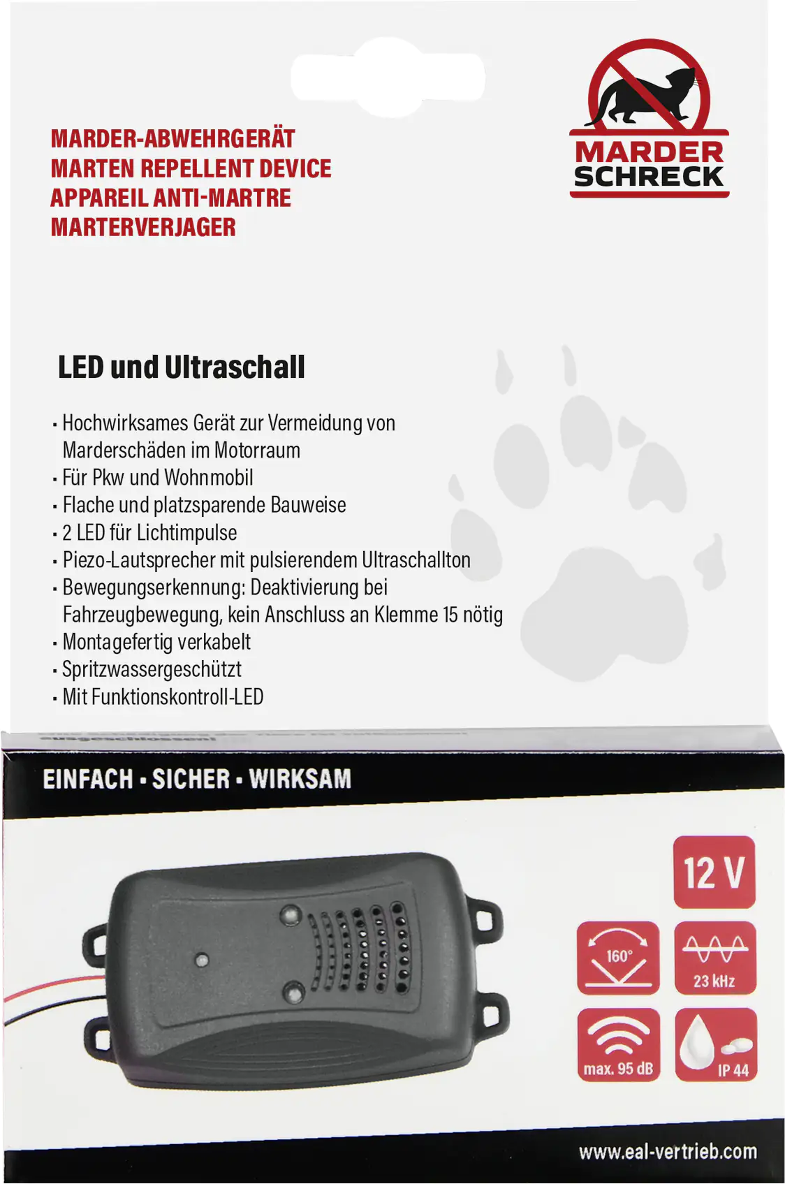 Marderschreck Marderabwehrgerät Ultraschall 12V mit Blitz-LEDs