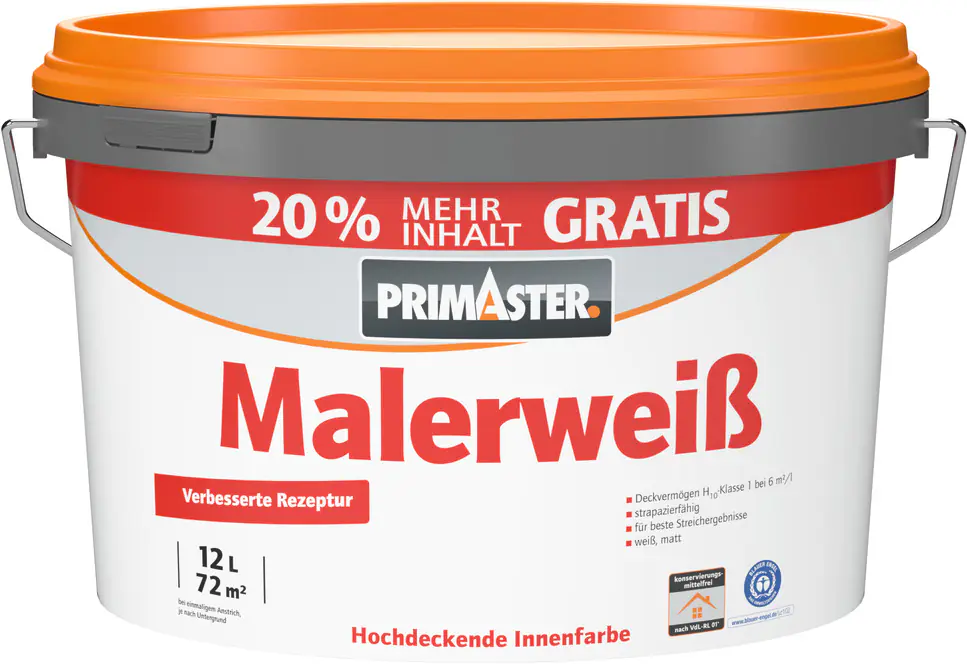 Primaster Wandfarbe Malerweiß matt 12 L + 20% gratis