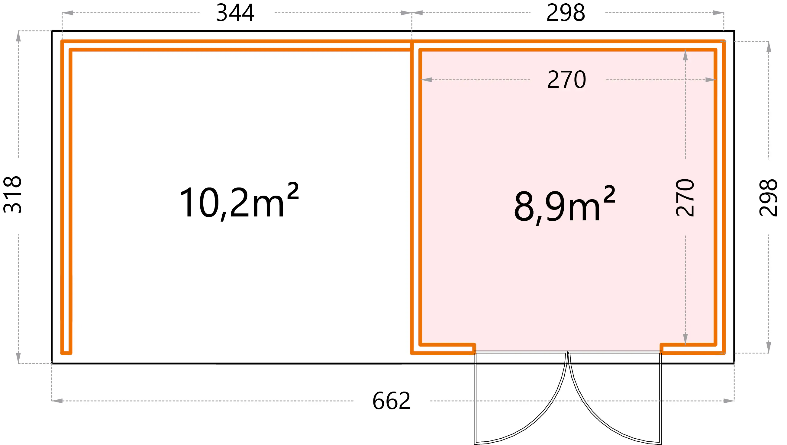 Telluria Gerätehaus Classico Lounge L 3030 links EW weiß 642 x 298 cm