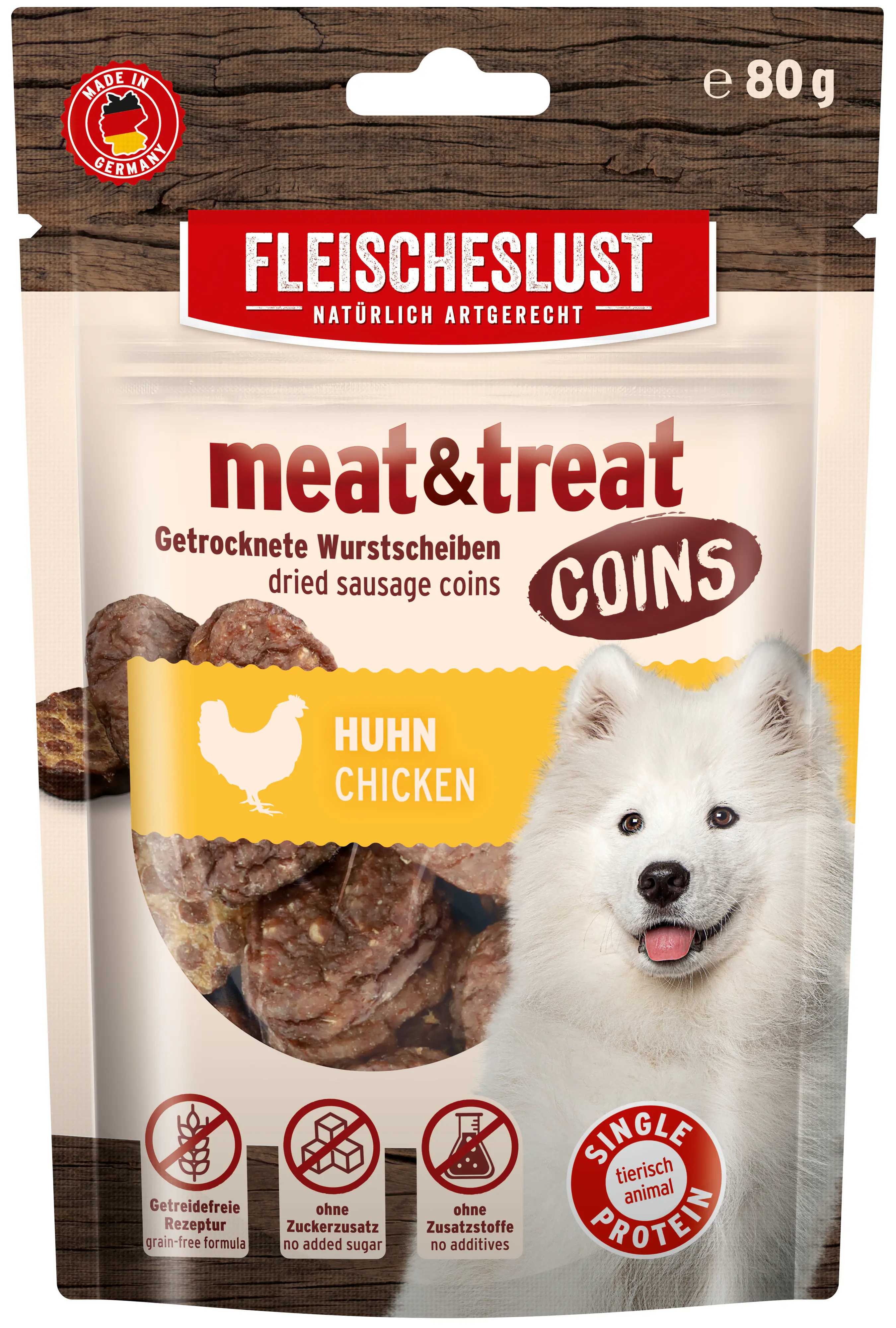 Fleischeslust meat&treat Coins Hundesnack Adult getreidefrei 80 g Huhn