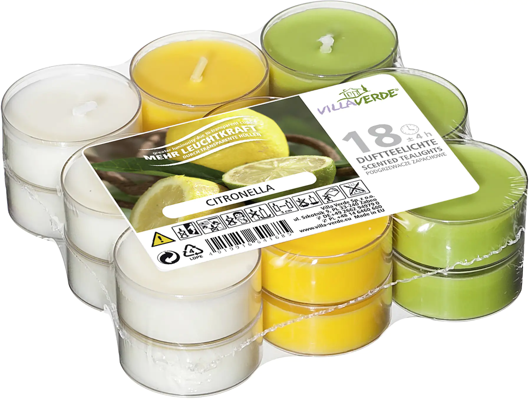 4019916641685_2963277 Villa Verde Duftteelichter Citronella, Höhe: 1,7 cm, Ø 3,8 cm, 18er Pack
